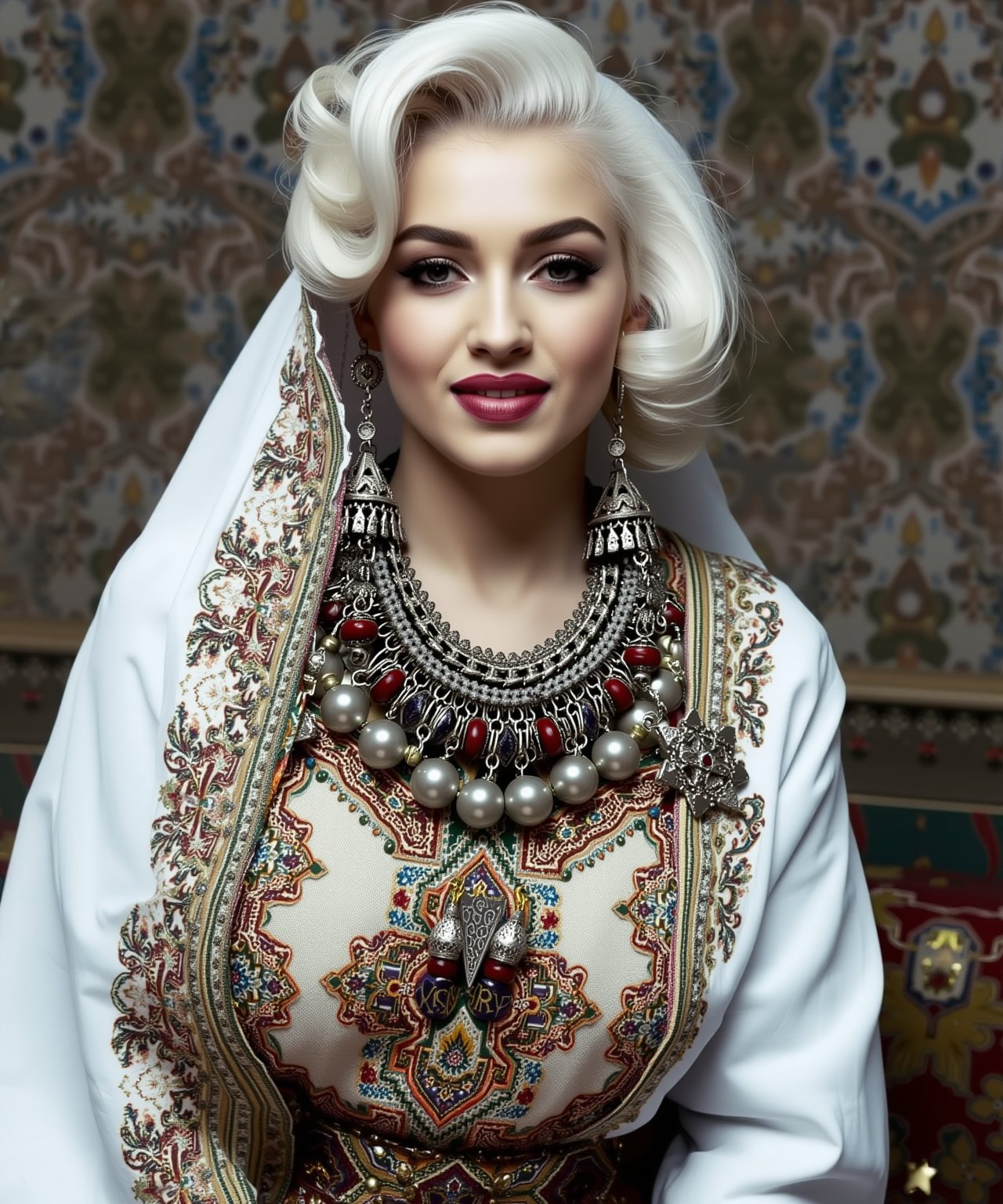 A portrait of (Marilyn Monroe) wearing a traditional Moroccan outfit, moroccan style background,