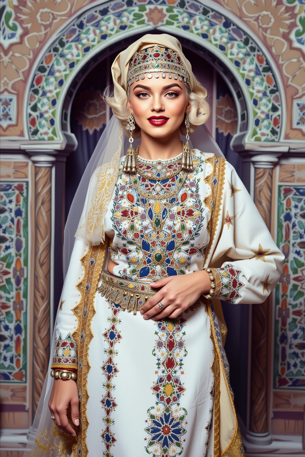 A portrait of (Marilyn Monroe) wearing a traditional Moroccan outfit, moroccan style background,