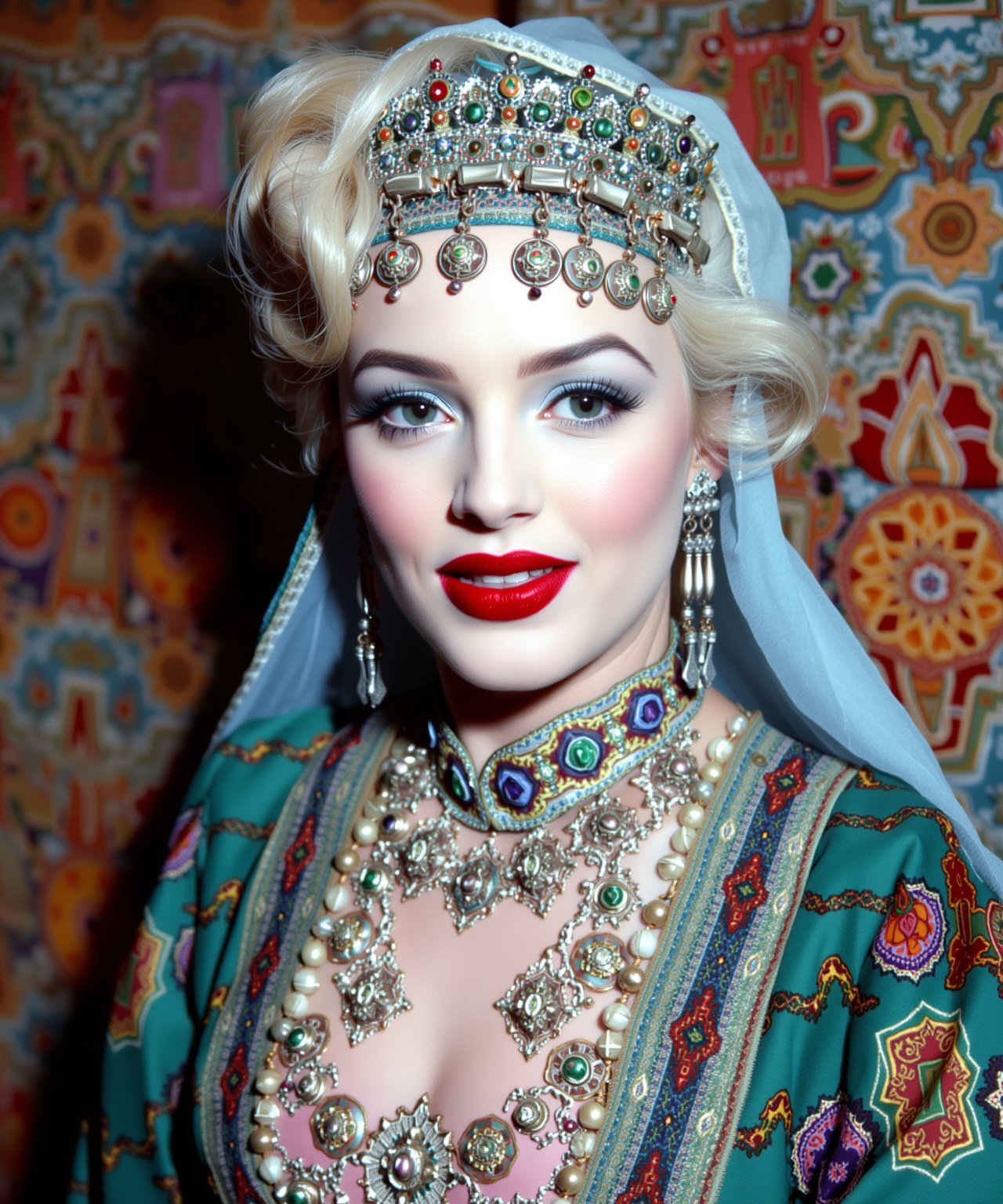 A portrait of (Marilyn Monroe) wearing a traditional Moroccan outfit, moroccan style background,