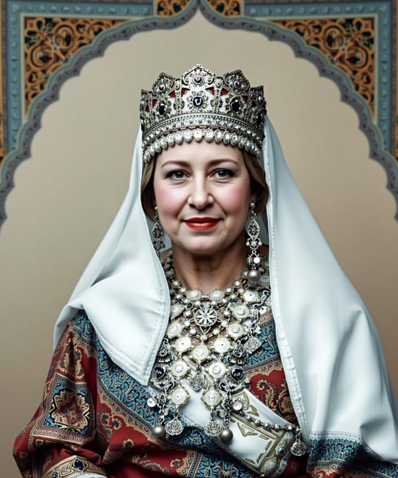 A portrait of (Queen Elizabeth II) wearing a traditional Moroccan outfit, moroccan style background,