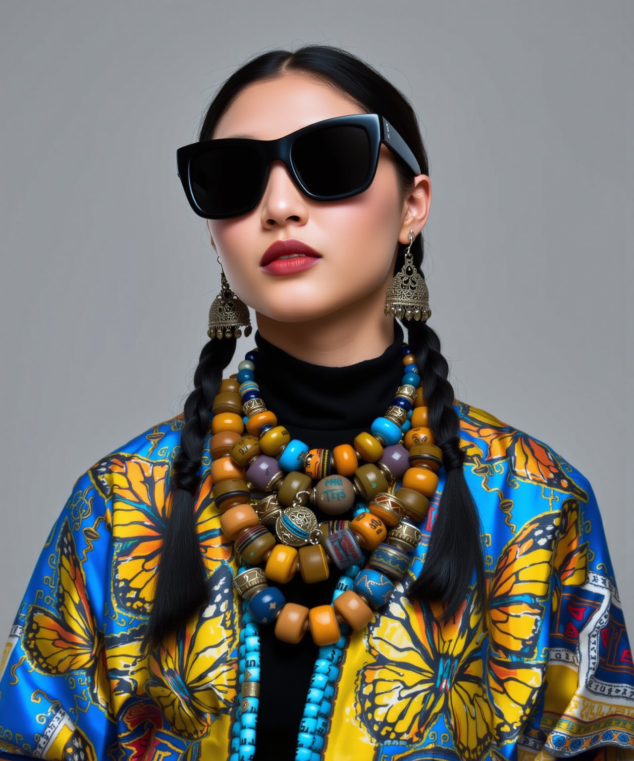 highly detailed, digitally rendered photograph of a young woman with an Asian ethnic background. She has a fair complexion and is wearing large, dark sunglasses that cover most of her face, giving her a mysterious and chic appearance. Her hair is styled in two thick, black braids that fall over her shoulders. She is adorned in an elaborate, colorful outfit featuring a vibrant, abstract pattern in shades of blue, yellow, orange, and white, which includes large, intricate, and ornate butterfly motifs. Around her neck, she wears multiple layers of chunky, beaded necklaces in various colors, including blue, yellow, and brown. Her earrings are equally elaborate, with large, round, and colorful beads. She is also wearing a high-necked, black top underneath her colorful outerwear. The background is a plain white, which makes her attire and accessories stand out prominently. The overall style of the image is modern and avant-garde, with a focus on bold, eye-catching fashion elements and accessories. The image's high resolution and meticulous attention to detail emphasize the luxurious and opulent nature of the subject's attire and accessories.