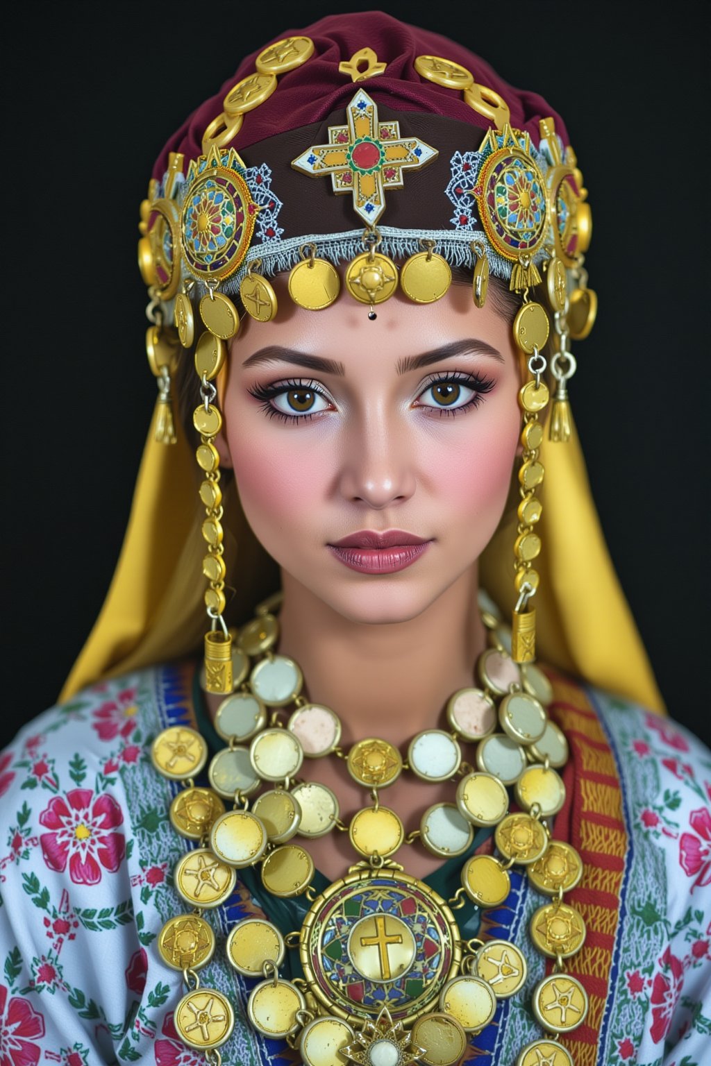 This image is a highly detailed, colorized photograph of a young woman, likely from a traditional or historical context. She has a fair complexion with delicate features, including a narrow nose and full lips. Her dark hair is partially covered by a rich, deep red headpiece adorned with numerous golden coins, creating a striking and festive appearance. The headpiece is intricately designed with a central cross motif, adding a religious or cultural significance.

The woman wears a traditional garment with a pattern of pink and white flowers, which is visible at the neckline. She has a large, ornate necklace with a central medallion, and a matching bracelet adorns her right wrist. Her eyes are accentuated with subtle makeup, and she has a small, white dot on her forehead, possibly a traditional or cultural mark.

The background is dark and blurred, drawing attention to the subject and her elaborate attire. The texture of her clothing appears to be a blend of silk and wool, with a soft, smooth fabric that contrasts with the rougher, metallic texture of the coins. The overall style of the photograph is rich and detailed, capturing the essence of traditional or historical attire and cultural adornment.