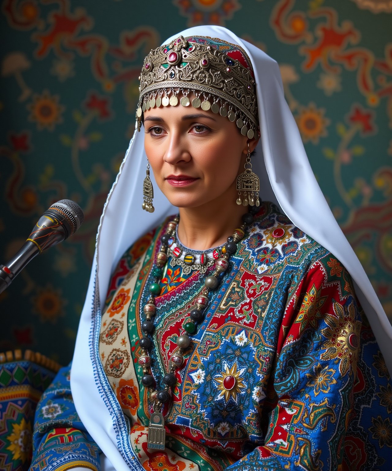 A portrait of (Marie Curie) wearing a traditional Moroccan outfit, moroccan style background,