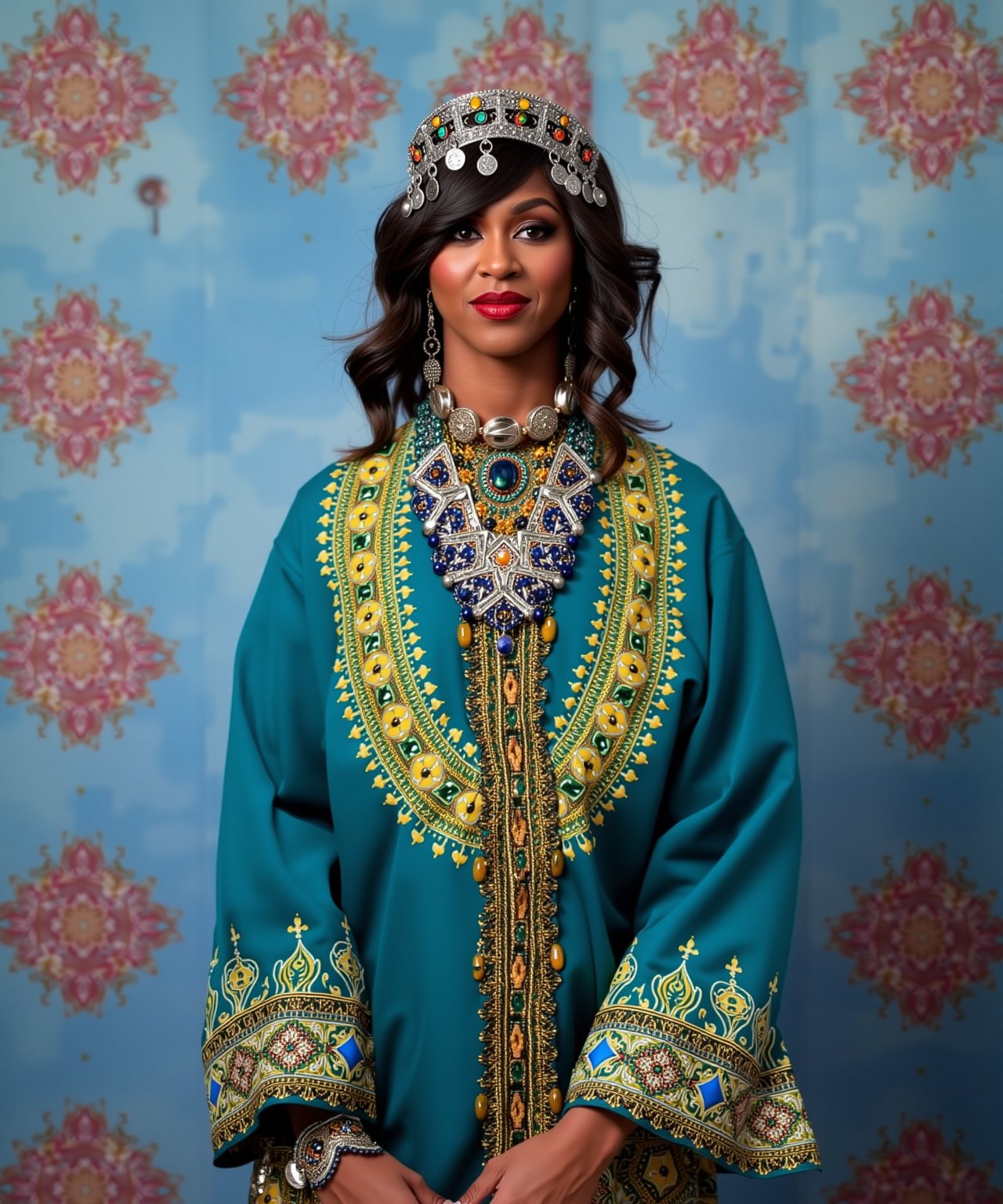 A portrait of (Michelle Obama) wearing a traditional Moroccan outfit, moroccan style background,