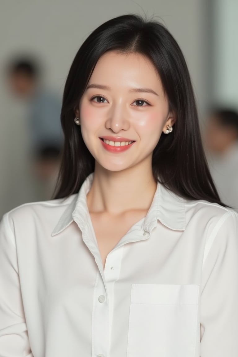 KJW, a photograph of a young woman, wearing white shirt, office background, 
