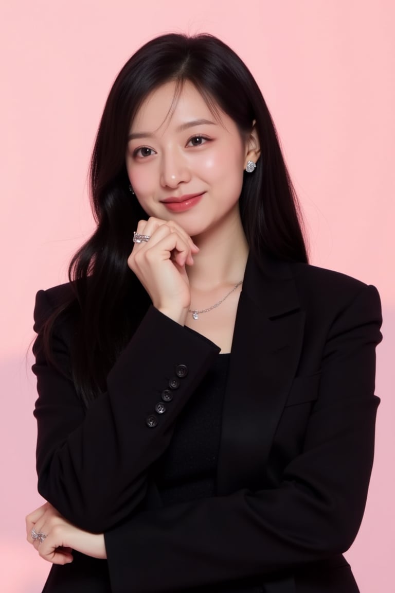 The image is a portrait of a young woman with long dark hair. She is wearing a black blazer with buttons down the front and a black top underneath. She has a silver necklace and a ring on her finger. The woman is posing with one hand on her hip and the other resting on her chin. She appears to be smiling and looking directly at the camera. The background is a light pink color with a subtle gradient effect.