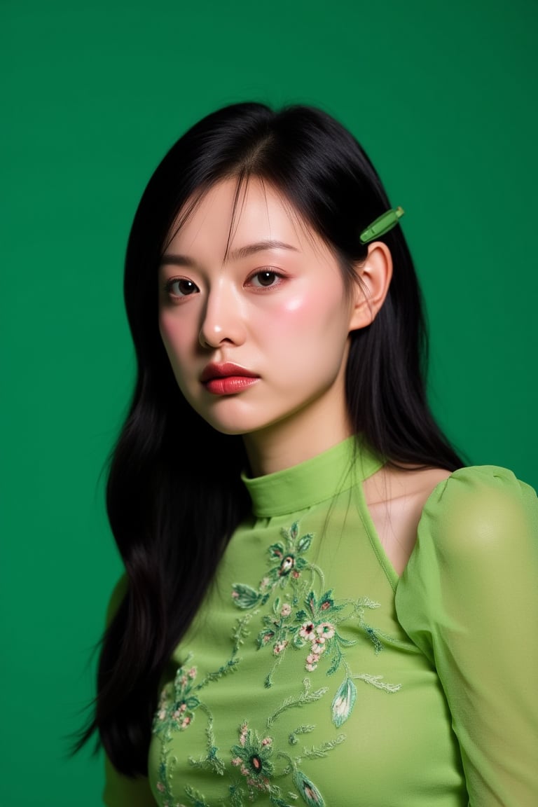 The image is a portrait of a young woman with long black hair. She is wearing a green blouse with a floral pattern. The blouse has a high neckline and long sleeves. The woman is looking directly at the camera with a serious expression on her face. She has a small green hair clip in her hair. The background is a solid green color.