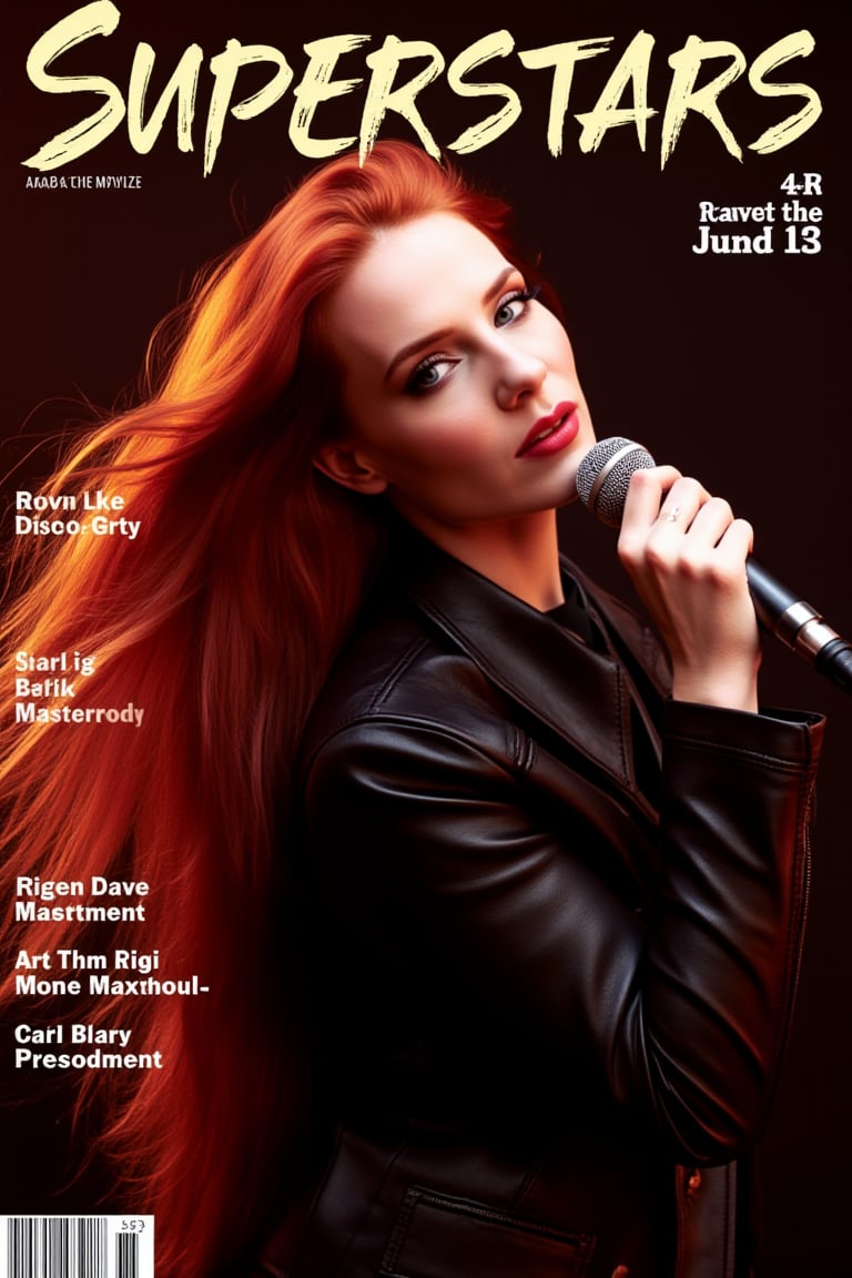 1girl , solo, Masterpiece, 8k, HDR, best quality, analog style, real life, (highly detailed, intricately detailed), ray tracing, (dramatic lighting). Photography of a redhead girl with long straight and silky hair is on the cover of a magazine with the name "SUPERSTARS" on it. she is wearing a leather jacket. She sings into a microphone and looks in the direction of the camera. Magazine cover, real cover, cover, holding microphone, english text,