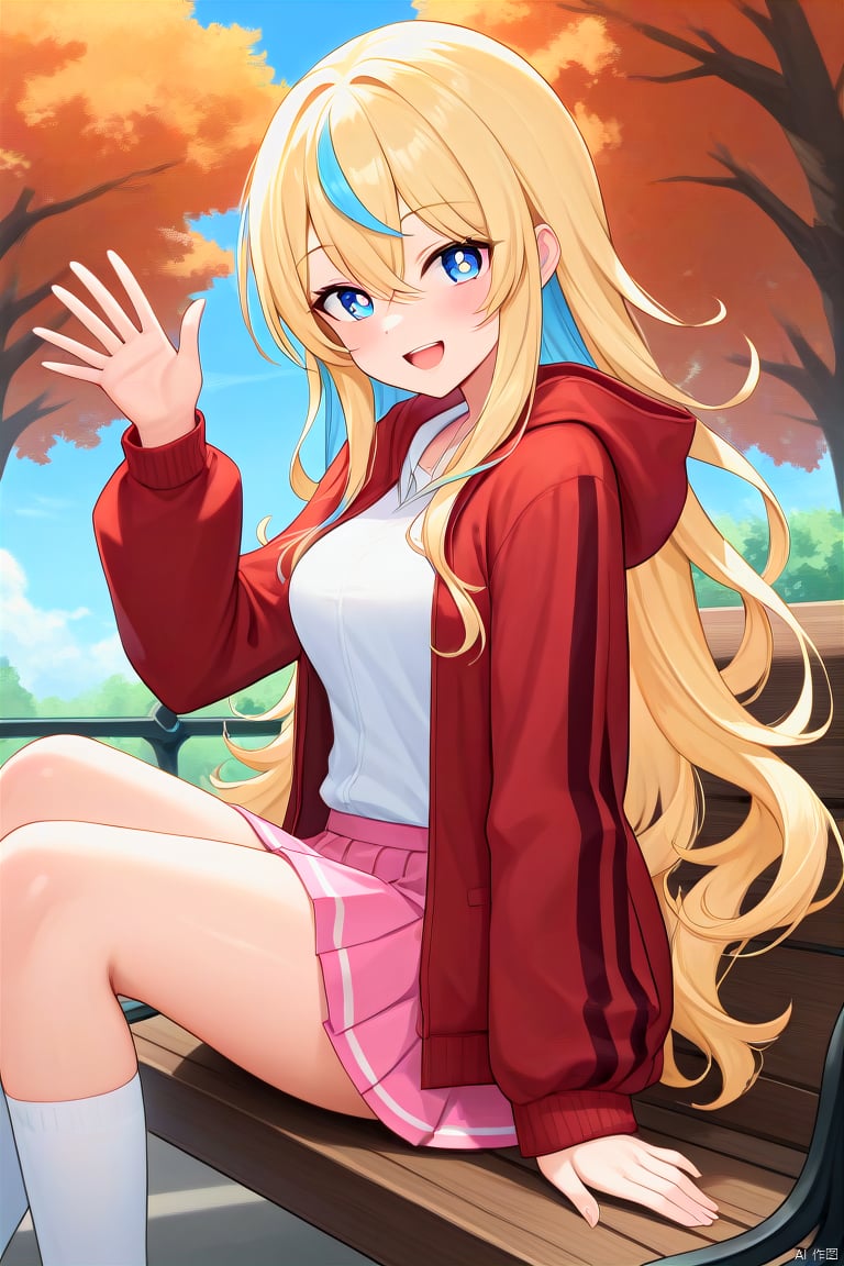 score_9,score_8_up,score_7_up,score_6_up,source_anime, 1girl, solo, long hair, breasts, looking at viewer, blush, smile, open mouth, bangs, blue eyes, skirt, blonde hair, shirt, long sleeves, hair between eyes, sitting, very long hair, blue hair, jacket, white shirt, :d, multicolored hair, pleated skirt, outdoors, open clothes, sky, day, cloud, hand up, hood, miniskirt, from side, two-tone hair, open jacket, tree, blue sky, symbol-shaped pupils, hoodie, hood down, hooded jacket, red jacket, pink skirt, curly hair, waving, bench, cross-shaped pupils, on bench, nia teppelin