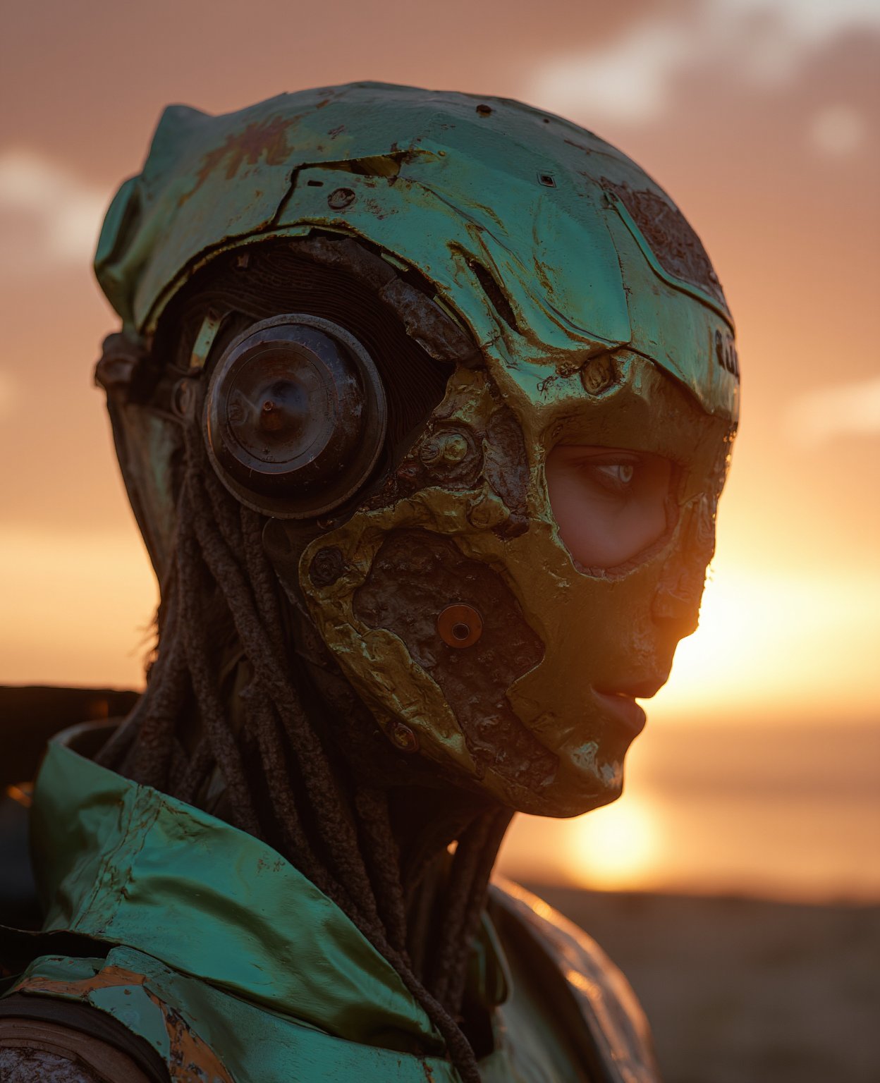 Portrait of a steampunk robot woman, intricately detailed, digital lighting, sunset gradient, trending artstation hq, octane render, unreal engine 4 mdjrny-v4 style