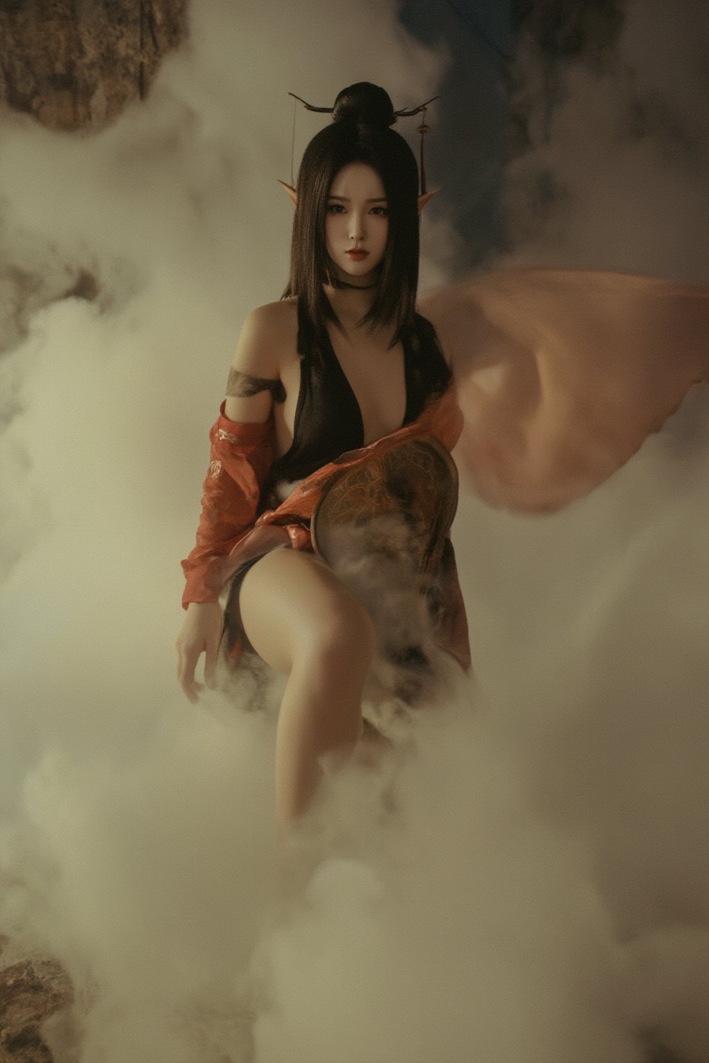 Pingping_hubggirl, A sultry hubggirl materializes from a dreamy mist, illuminated by the soft, warm tone of Kodak film. Cinematic lighting accentuates her porcelain complexion, casting dramatic shadows that highlight the contours of her face and mid-body pose. The surreal setting, replete with intricate details, draws the viewer's gaze to her piercing stare,  evoking a photorealistic reminiscent of a sultry  sexy girl.