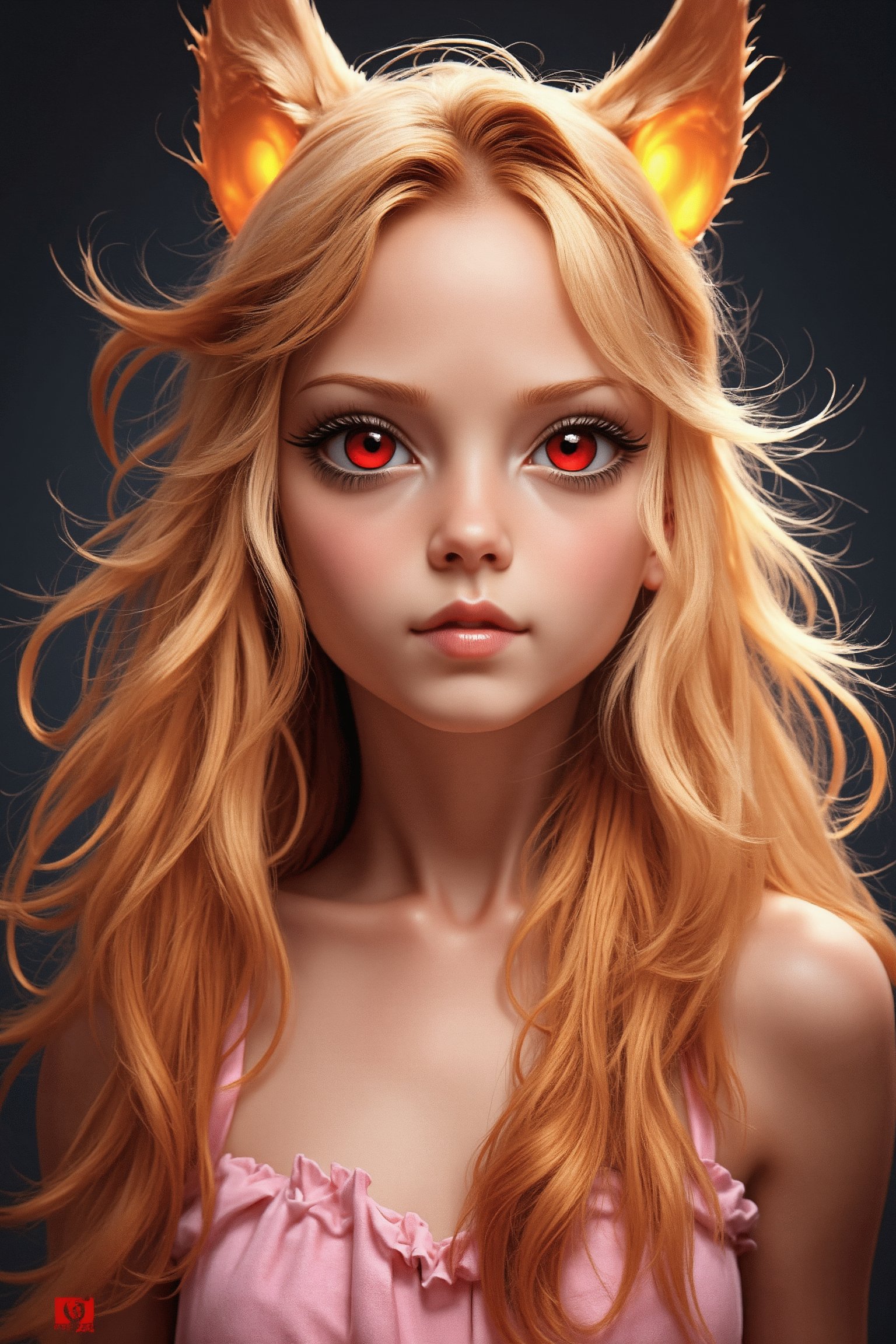 use anime style to create the Aya Nakamura is a small , stunning and exotic looking child. She has long golden hair that falls in gentle waves down to her waist, standing out against her pale skin. His eyes are an intense red, like bright rubies, and carry a mysterious look.camera