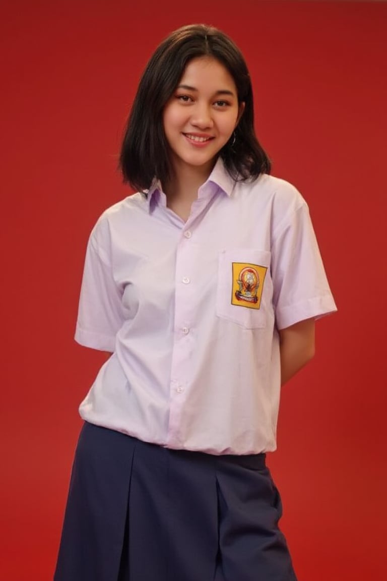 smp_uniform, A medium full shot of realistic nik3, a woman wearing white collared button-down shirt adorned with a smp_logo on the right pocket of the shirt. The woman is wearing a dark blue skirt. The background is a red. focus on outfit. model pose, model photoshoot.,