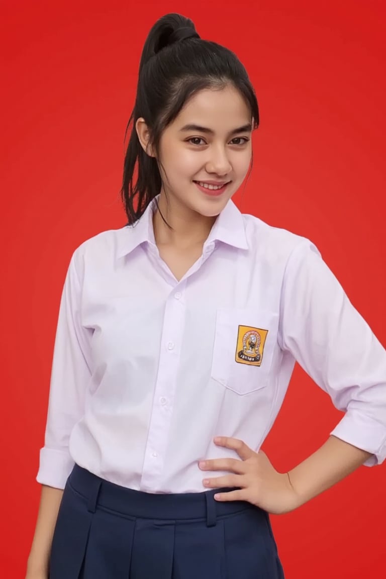 smp_uniform, A medium full shot of realistic awaw4, a woman wearing white collared button-down shirt adorned with a smp_logo on the right pocket of the shirt. The woman is wearing a dark blue skirt. The background is a red. focus on outfit. model pose, model photoshoot.