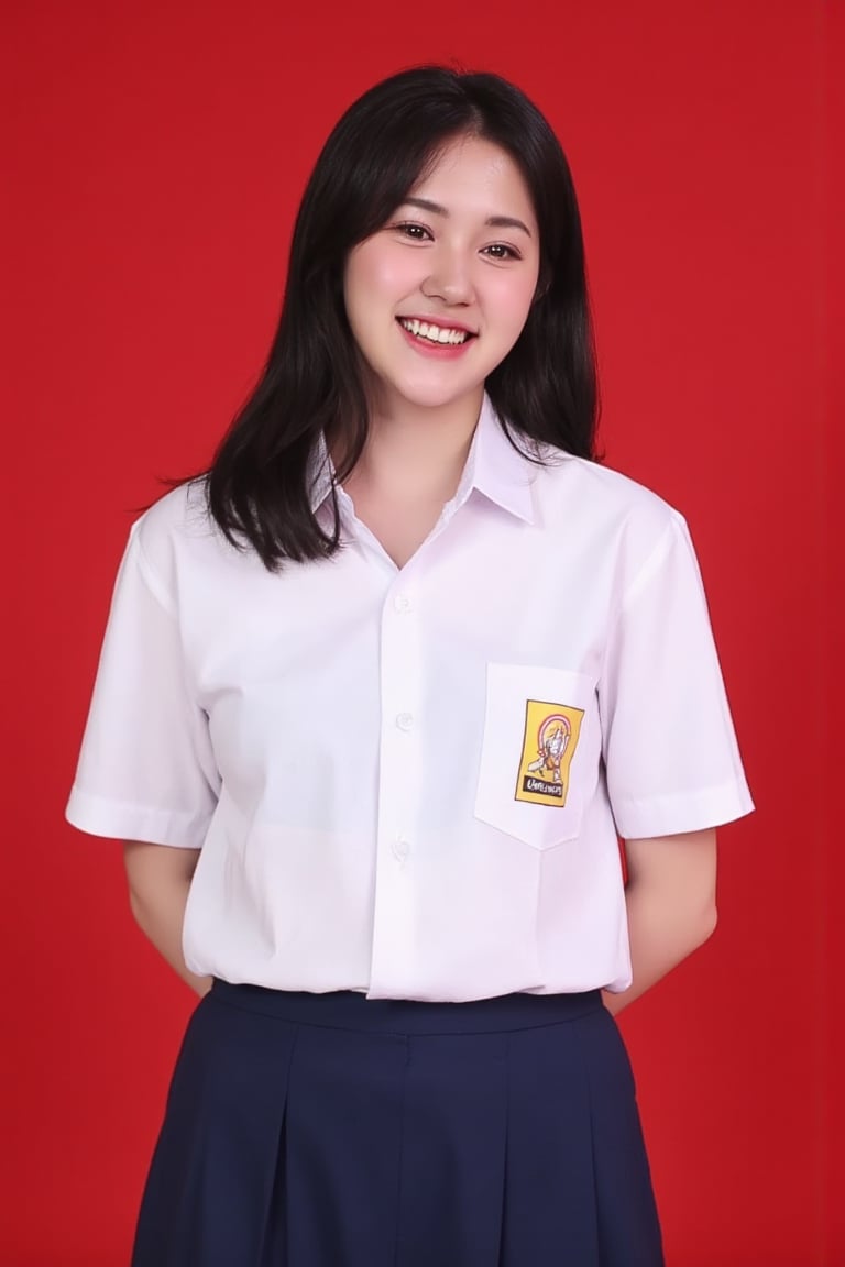 smp_uniform, A medium full shot of realistic eli3, a woman wearing white collared button-down shirt adorned with a smp_logo on the right pocket of the shirt. The woman is wearing a dark blue skirt. The background is a red. focus on outfit.,