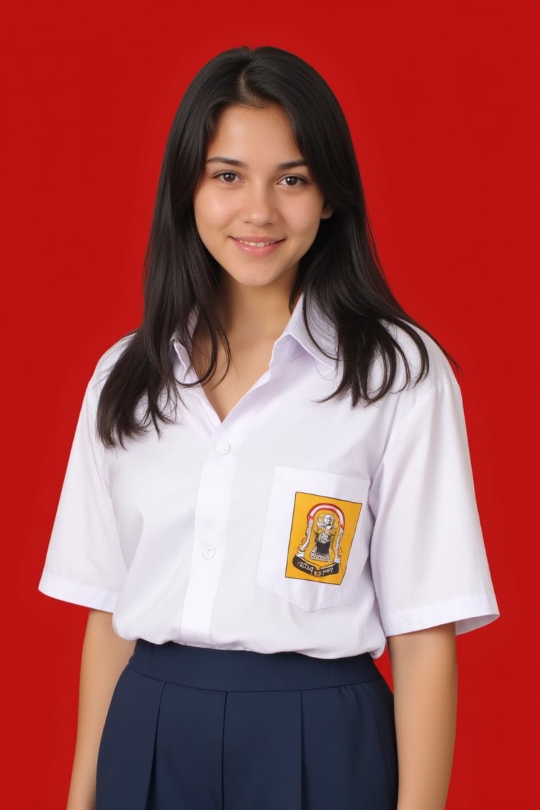 smp_uniform, A medium full shot of realistic Claire, a woman wearing white collared button-down shirt adorned with a smp_logo on the right pocket of the shirt. The woman is wearing a dark blue skirt. The background is a red. focus on outfit.