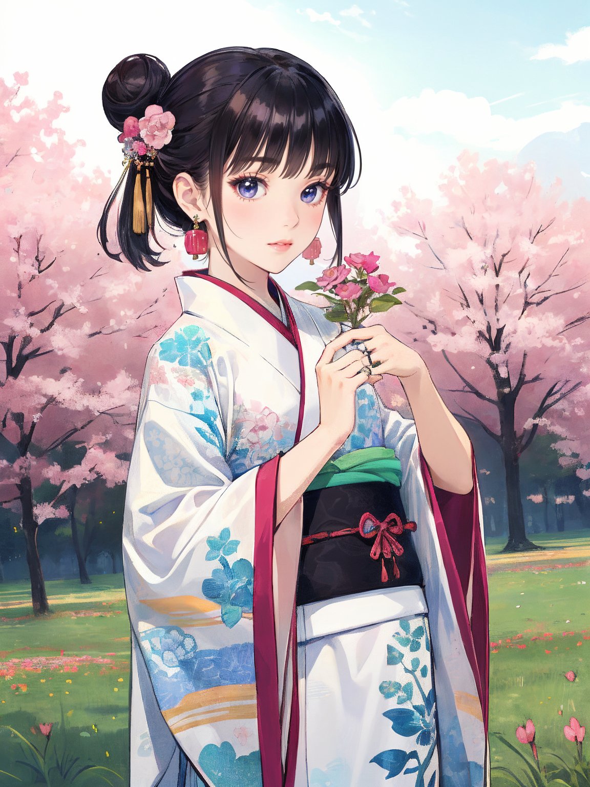 (masterpiece, best quality:1.3),(flat color:1.3),(colorful:1.3),solo,a young Asian woman, dressed in a white kimono, is holding a pink flower in her left hand. Her hair is styled in a low bun, with a black bow at the top of her head. She is wearing a pair of silver earrings, and a ring on her right finger. Her left earring is adorned with a silver barrette, adding a pop of color to her face. The backdrop is a lush green field of flowers, with pink flowers scattered throughout the field,JeeSoo,wengirl,hanfu