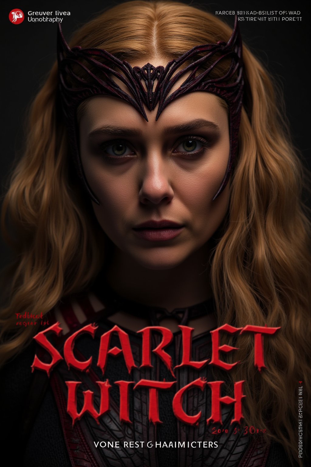 magazine cover with the title: "Starring Scarlet Witch" in red gothic letters. Profesional studio potography of a girl dressed in a dark, fitted suit with details in red and black tones. The woman has long, wavy blonde hair and wears a crown on her head, which complements her appearance. She is looking at the viewer with a menacing expression. 