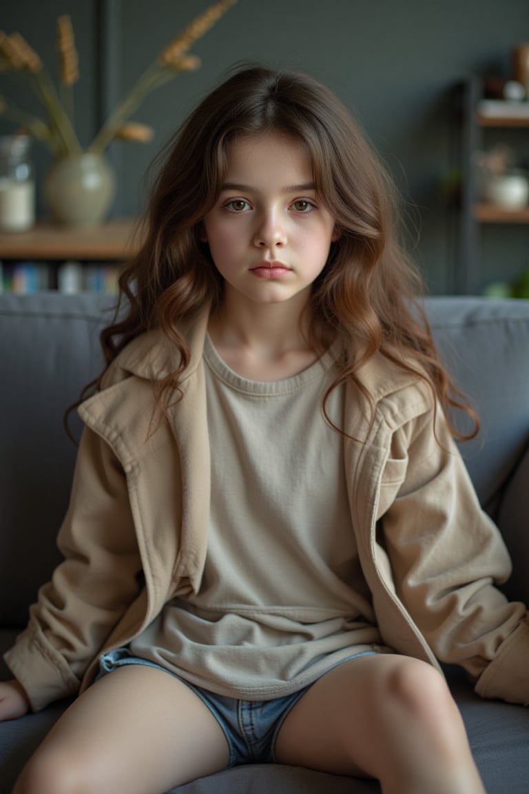 full body view o a 11 yo tween girl im alluring style sitting on a sofa,  nluury on color baxkground. by AnnA on Tensor.Art