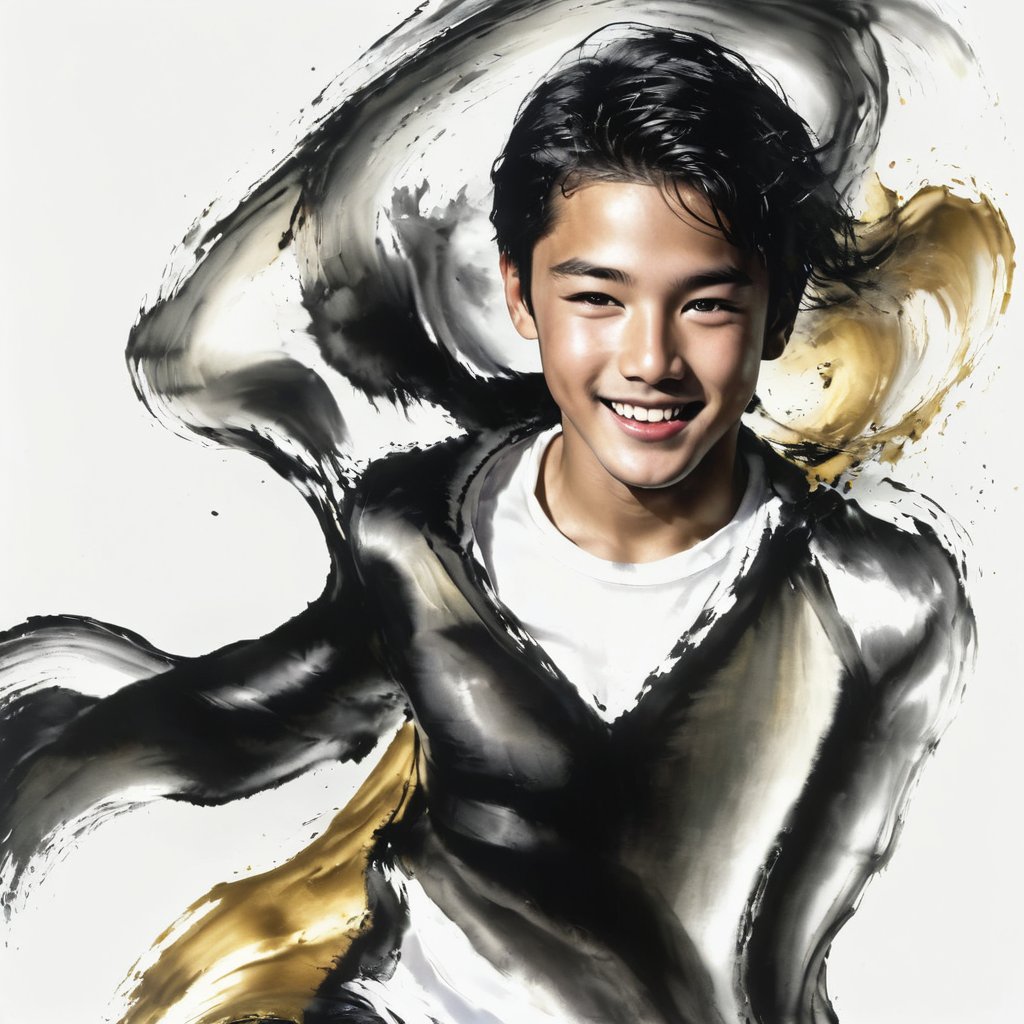 1 danceing boy face is photorealism , with (Goden / black) hair and a beautiful smile. ,Splash Ink,White Background,Dynamic Solarization