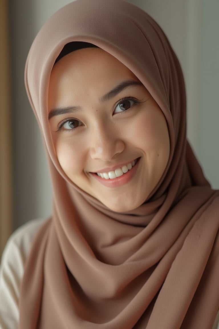 A realistic close-up of a Malay woman's face, wearing a hijab and smiling warmly. Her features are finely detailed, with soft, natural lighting enhancing her beauty. The hijab frames her face elegantly, adding a touch of modesty and cultural pride. Her smile reveals genuine happiness, capturing the essence of her warm and inviting personality. The background is subtly blurred, focusing attention on her serene expression and the cultural significance of her attire.