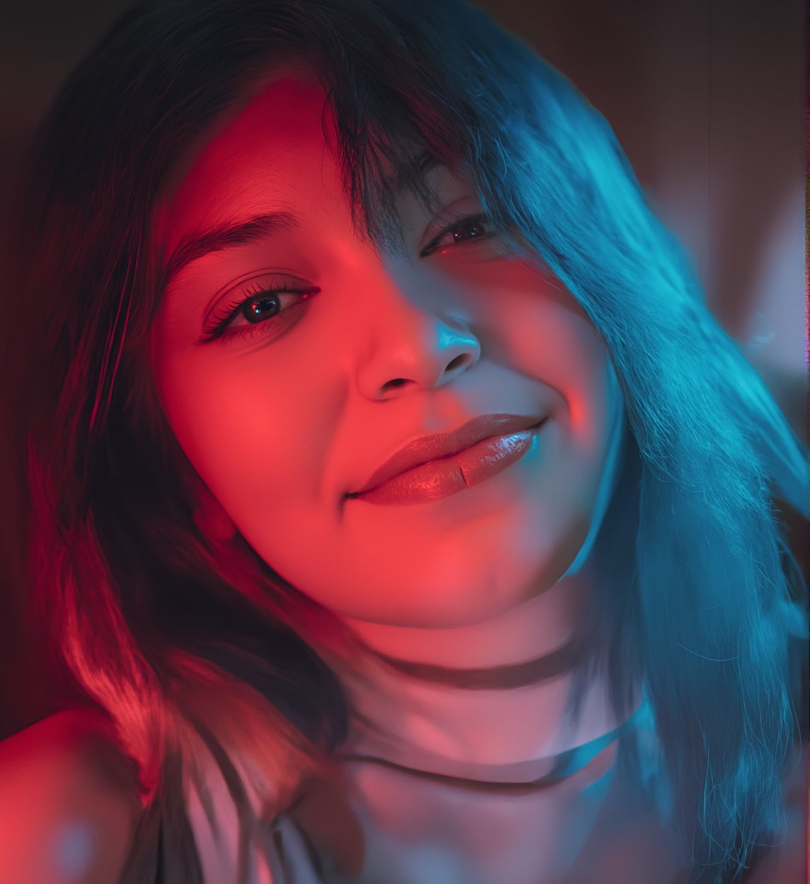 a close up of a kfukvf-1990, smiling, with blue and pink hair, a character portrait, inspired by Cindy Sherman, unsplash, red and cinematic lighting, portrait of a young teenage girl, fisheye portrait, XF35mmF1.4 R, ƒ/2.8, 35.0 mm, 1/200, ISO 500