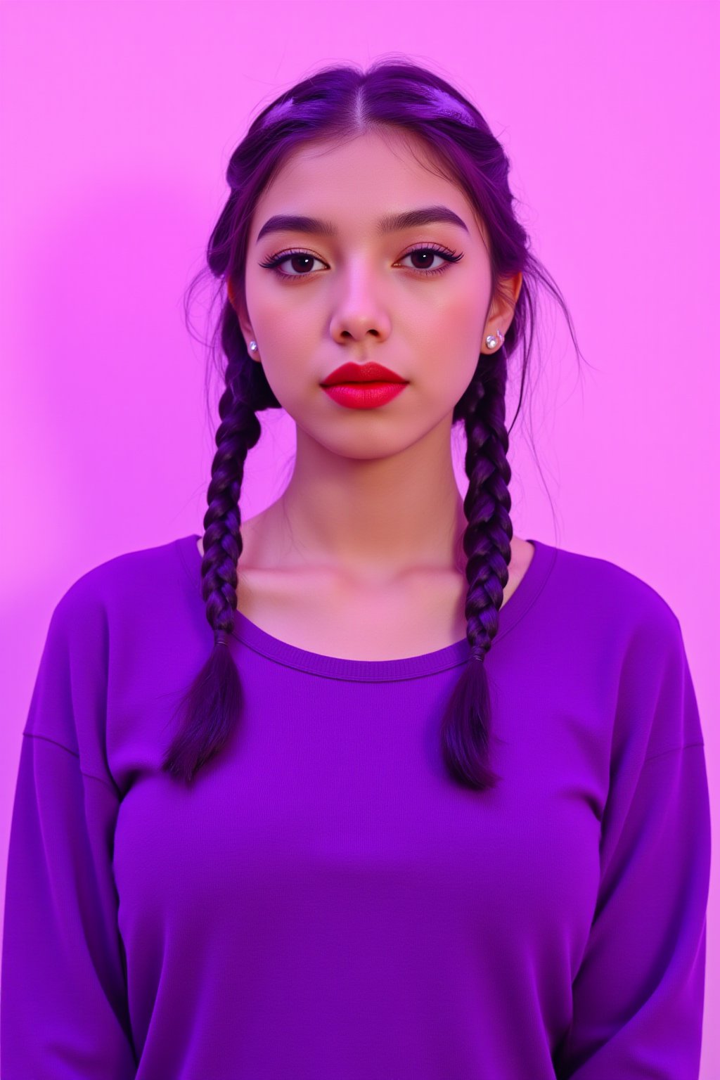 A photorealistic full-body portrait of a stunning 21yo hubggirl with perfect hands. She wears a vibrant purple sweater and double braids adorned with tiny earrings. Her shoulder-length purple hair is styled in intricate braids that cascade down her back. Her eyes are a deep, rich purple, framed by thick eyelashes and subtle makeup. A bold red lip color adds a pop of brightness to the overall gradient background, which transitions seamlessly from pink to purple. The subject's gaze is direct, with a hint of sassiness as she wears a trendy hat and sports a confident smile. Shut up, indeed!,Teenager 