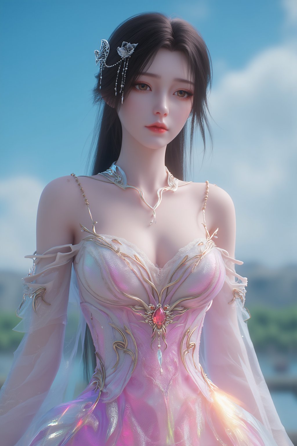  (masterpiece, best quality:1.2),1girl, navel, solo, midriff, bare shoulders, hair ornament, flower, hair flower,, long hair, red lips,
BREAK, (looking at viewer:1.23),(Holographic light pink-white color:1.29), (Holographic Gradient seven colors rainbow dress:1.39), 
BREAK,blurry, solo focus, long hair, lips, day, lipstick, outdoors, upper body, blurry,(huge breasts:1.39),Xyunxiao,(snow,Peony:1.52),(Lotus pond, lotus:1.32), (blue sky:1.23),Xhaiqinyan,XxiaoxunerX,Xhuolinger