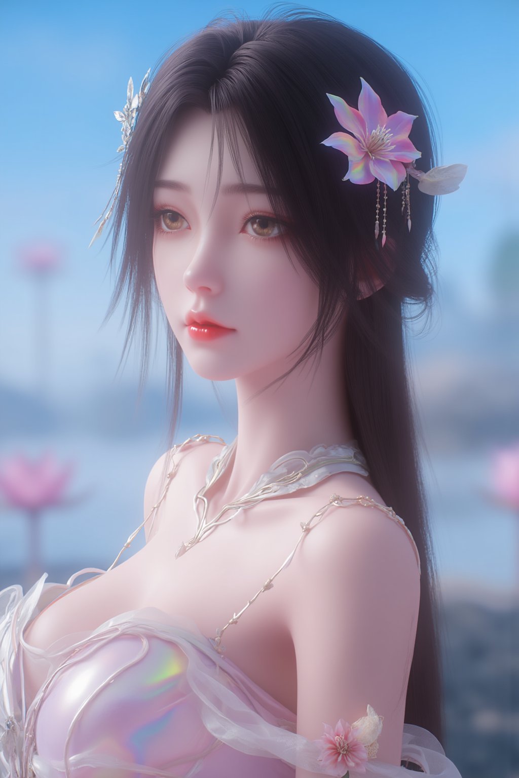  (masterpiece, best quality:1.2),1girl, navel, solo, midriff, bare shoulders, hair ornament, flower, hair flower,, long hair, red lips,
BREAK, (looking at viewer:1.23),(Holographic light pink-white color:1.29), (Holographic Gradient seven colors rainbow dress:1.39), 
BREAK,blurry, solo focus, long hair, lips, day, lipstick, outdoors, upper body, blurry,(huge breasts:1.39),Xyunxiao,(snow,Peony:1.52),(Lotus pond, lotus:1.32), (blue sky:1.23),Xhaiqinyan,XxiaoxunerX,Xhuolinger