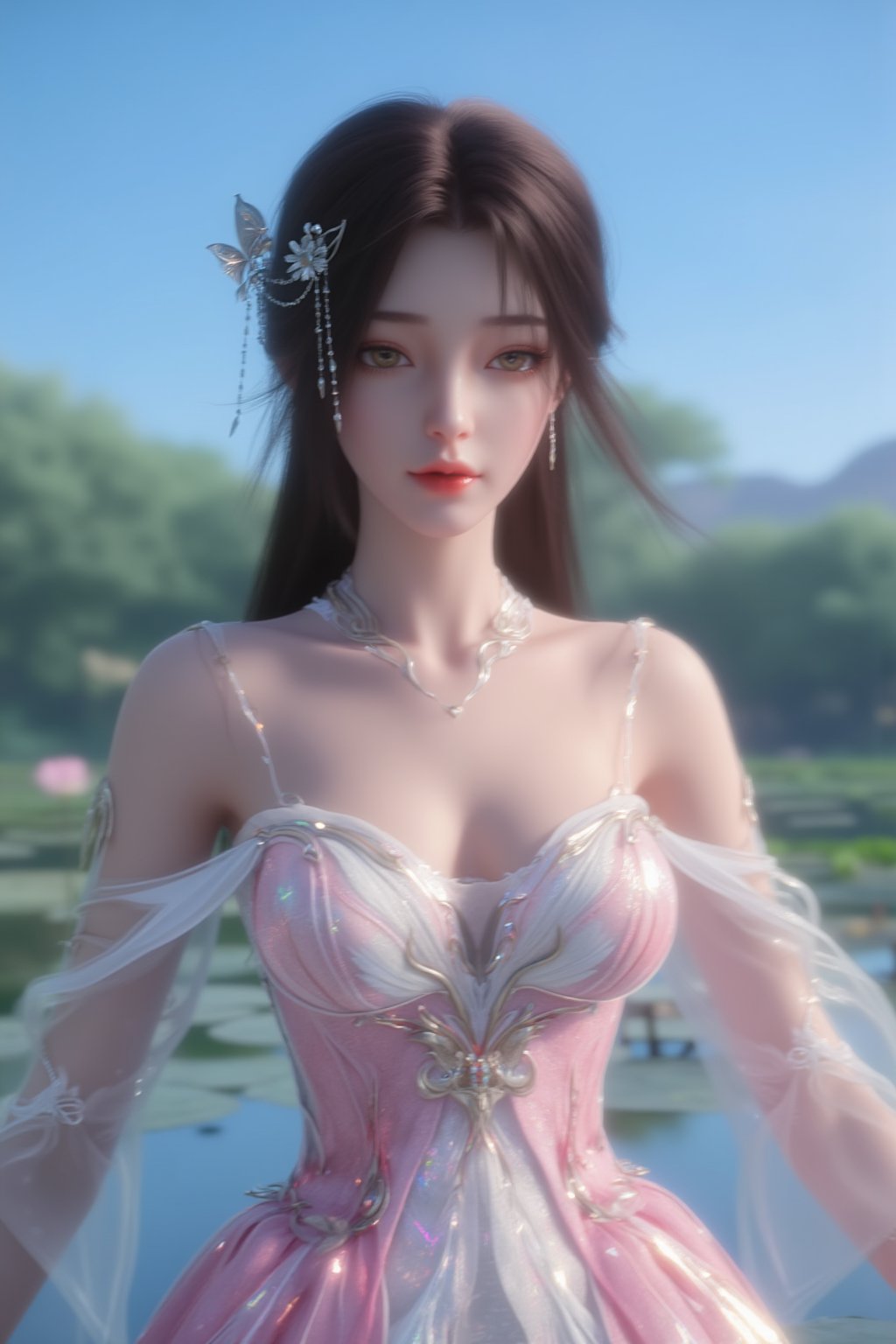  (masterpiece, best quality:1.2),1girl, navel, solo, midriff, bare shoulders, hair ornament, flower, hair flower,, long hair, red lips,
BREAK, (looking at viewer:1.23),(Holographic light pink-white color:1.29), (Holographic Gradient seven colors rainbow dress:1.39), 
BREAK,blurry, solo focus, long hair, lips, day, lipstick, outdoors, upper body, blurry,(huge breasts:1.39),Xyunxiao,(snow,Peony:1.52),(Lotus pond, lotus:1.32), (blue sky:1.23),Xhaiqinyan,XxiaoxunerX,Xhuolinger