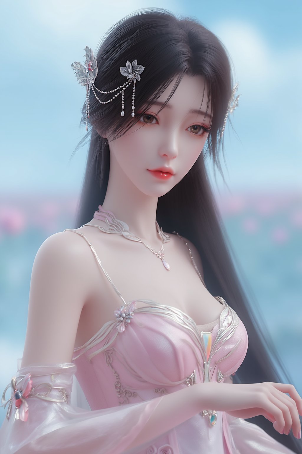  (masterpiece, best quality:1.2),1girl, navel, solo, midriff, bare shoulders, hair ornament, flower, hair flower,, long hair, red lips,
BREAK, (looking at viewer:1.23),(light pink-white color:1.29), (Gradient seven colors rainbow dress:1.39), 
BREAK,blurry, solo focus, long hair, lips, day, lipstick, outdoors, upper body, blurry,(huge breasts:1.39),Xyunxiao,(snow,Peony:1.52),(Lotus pond, lotus:1.32), (blue sky:1.23),Xhaiqinyan,XxiaoxunerX,Xhuolinger