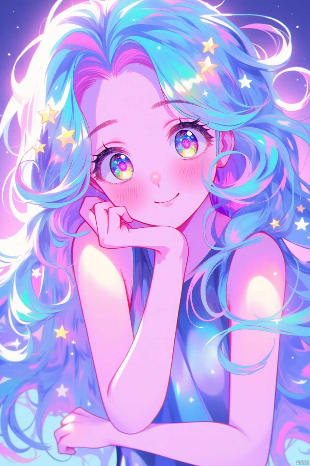 1girl, solo, long hair, looking at viewer, blush, smile, shirt, closed mouth, blue hair, upper body, multicolored hair, sleeveless, star \(symbol\), aqua hair, head rest, star hair ornament, multicolored eyes, colorful,幻彩光影特效2.5D-Flux