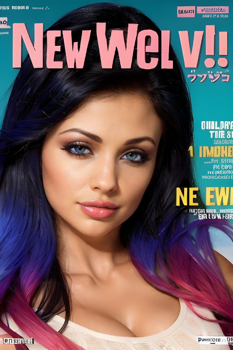 1girl, solo, upper body, beautiful gradient hair color, lips, traditional media, reality, pop idol magazine, title font "New idol is coming", attractive cover with beautiful people, jpop cover 80s