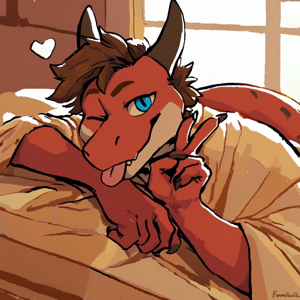 mawfulme, anthro, bed, bedding, blanket, blep, blue eyes, brown hair, clawed fingers, claws, countershade face, countershade neck, countershade torso, countershading, dragon, finger claws, fingers, furniture, gesture, hair, hand gesture, heart symbol, horn, inside, looking at viewer, male, mythological creature, mythological scalie, one eye closed, red body, red scales, scales, scalie, smile, solo, tail, tan countershading, tongue, tongue out, under covers, v sign, window, wingless dragon, wink, score_9, score_8_up, score_7_up, score_6_up, score_5_up, score_4_up