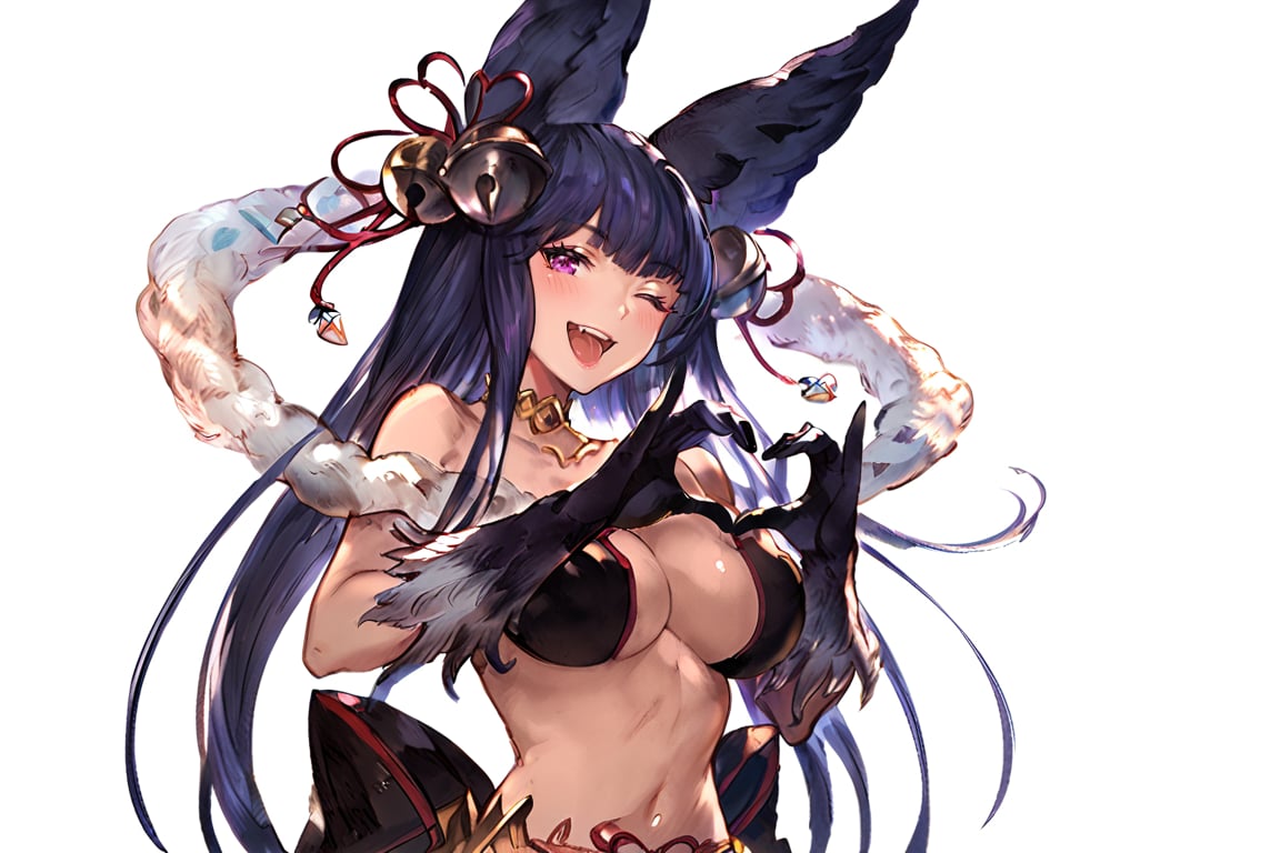 Score_9, Score_8_up, Score_7_up, Score_6_up, masterpiece, best quality,
1girl
solo
long hair
breasts
looking at viewer
smile
open mouth
bangs
large breasts
simple background
hair ornament
thighhighs
gloves
navel
animal ears
cleavage
very long hair
purple eyes
tail
giant black tail
heart
one eye closed
black gloves
fang
black thighhighs
fox ears
bell
fox tail
black background
jingle bell
hair bell
heart hands
erune
yuel \(granblue fantasy\)
Granblue Fantasy Style [SDXL] 
