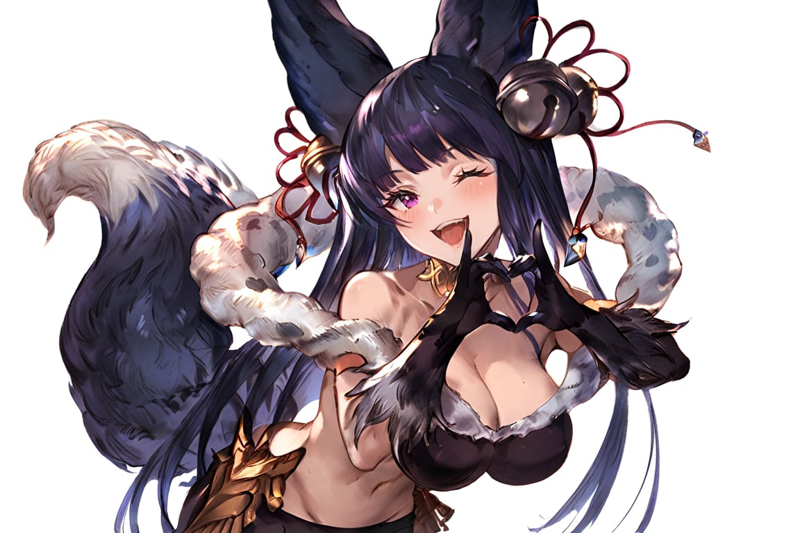 Score_9, Score_8_up, Score_7_up, Score_6_up, masterpiece, best quality,
1girl
solo
long hair
breasts
looking at viewer
smile
open mouth
bangs
large breasts
simple background
hair ornament
thighhighs
gloves
navel
animal ears
cleavage
very long hair
purple eyes
tail
giant black tail
heart
one eye closed
black gloves
fang
black thighhighs
fox ears
bell
fox tail
black background
jingle bell
hair bell
heart hands
erune
yuel \(granblue fantasy\)
Granblue Fantasy Style [SDXL] 
