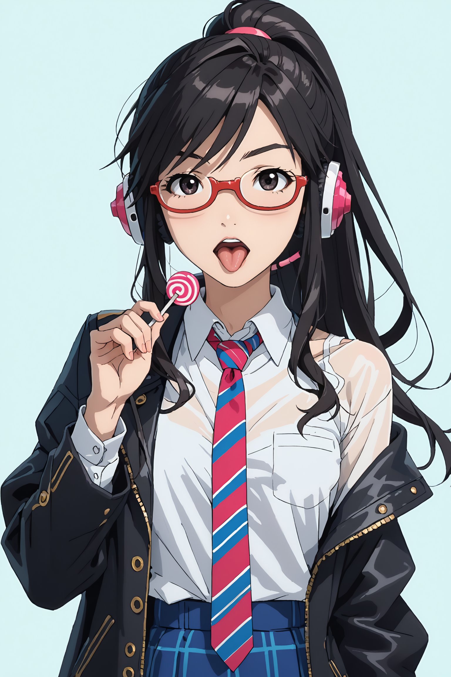 AniVerse, score_9,score_8_up,score_7_up, BREAK Rika_Yoshitake, 1girl, solo, long hair, black hair, ponytail, glasses, black eyes, sidelocks ,red-rimmed glasses, medium-rimmed glasses, bottom-rimmed glasses BREAK single, tie, candy, lollipop, headphones, shirt, white shirt, holding candy, holding lollipop, holding, upper body, facing viewer, collared shirt, open mouth, tongue, striped tie, jacket, plain background, long sleeves, black jacket, teeth, open clothing, signature, diagonally striped clothing, tongue out, tongue out, hand up, diagonally striped tie, dress shirt, off shoulders, upper teeth only, open jacket,