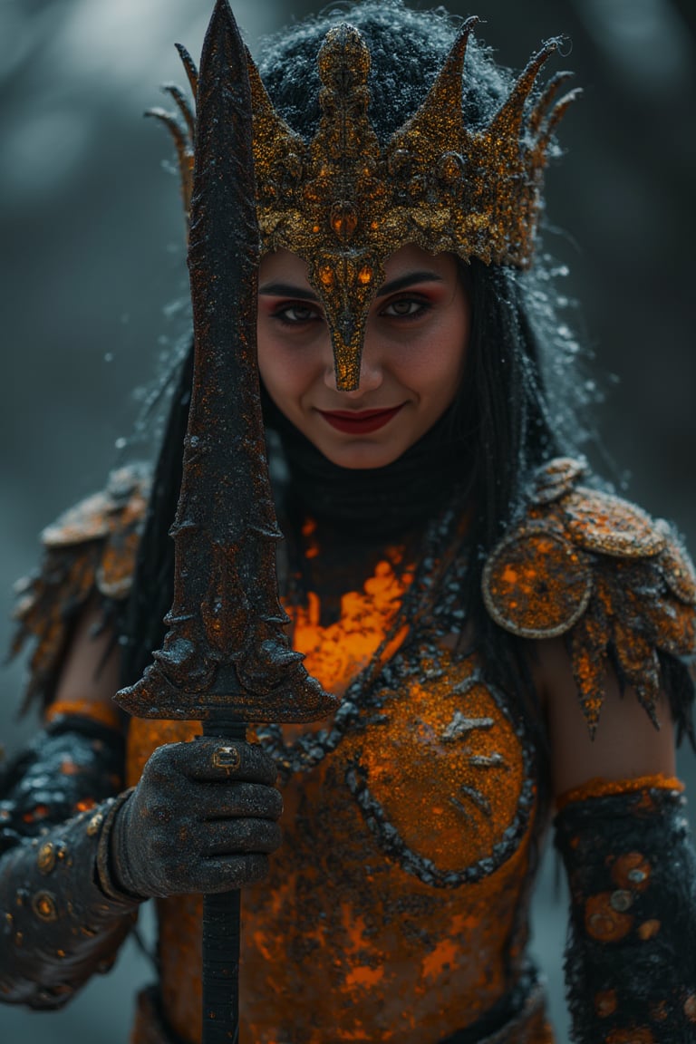 The goddess of war, Extreme Upper Body Closeup Portrait, Vibrant Amber and golden-black color graded. Her face and eyes are shaded by an oversized crown. This eerie armored Bedouin warrior witch MaleniaRot playfully holds the Blade built into Malenia's prosthetic arm up to her face, grinning mischievously. The background is snowy and shadowy, hinting at her connection to ice and frost. The glowing dark outlines define her muscular physique and ornate suit of armor, which includes a translucent amber and black chest piece with intricate designs.