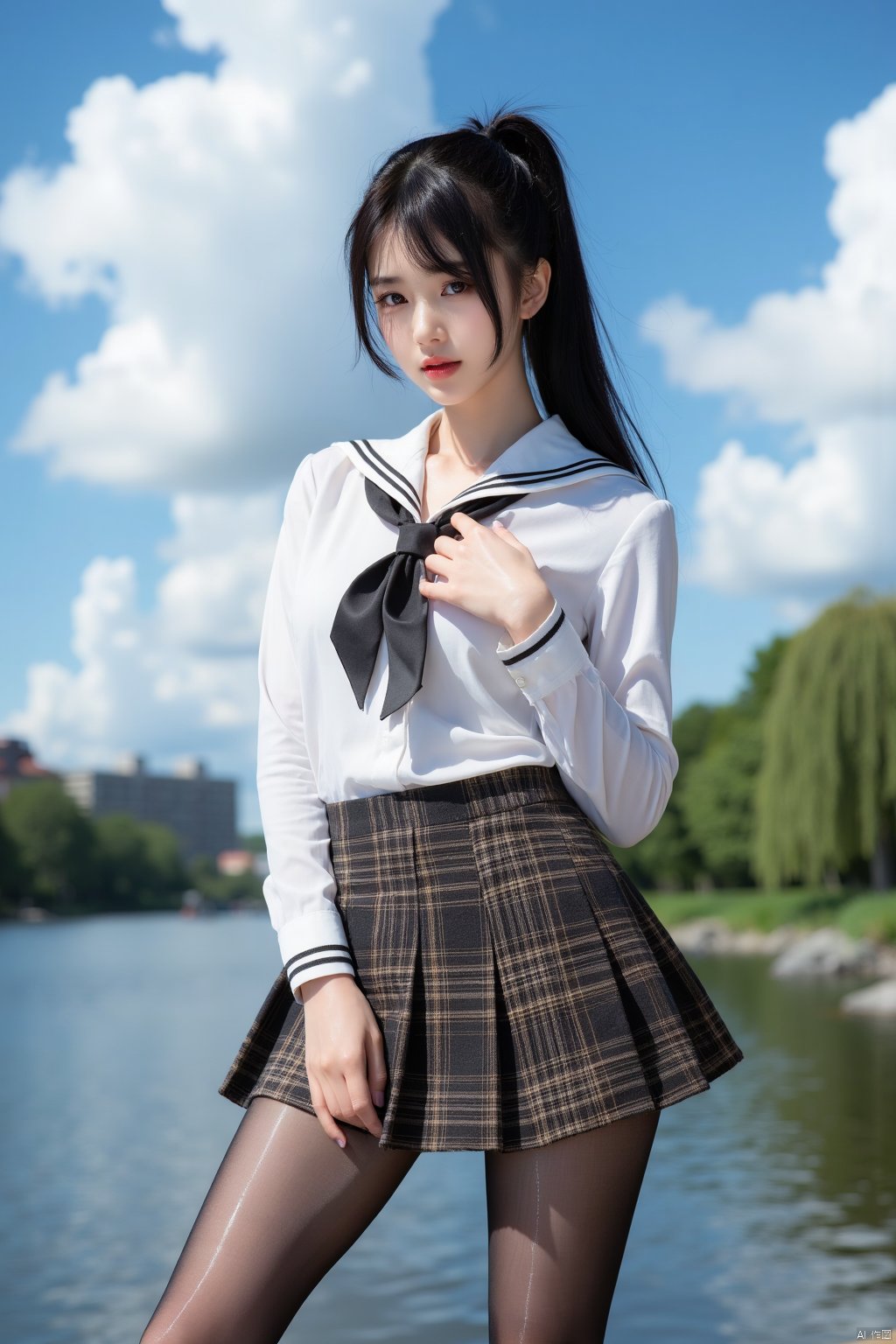 Masterpiece, best quality, stunning details, realistic photos, 1girl, ponytail, high quality fair skin, big breast, school uniform, plaid skirt, (shiny pantyhose), upper body, riverside, blue sky and clouds, greening,