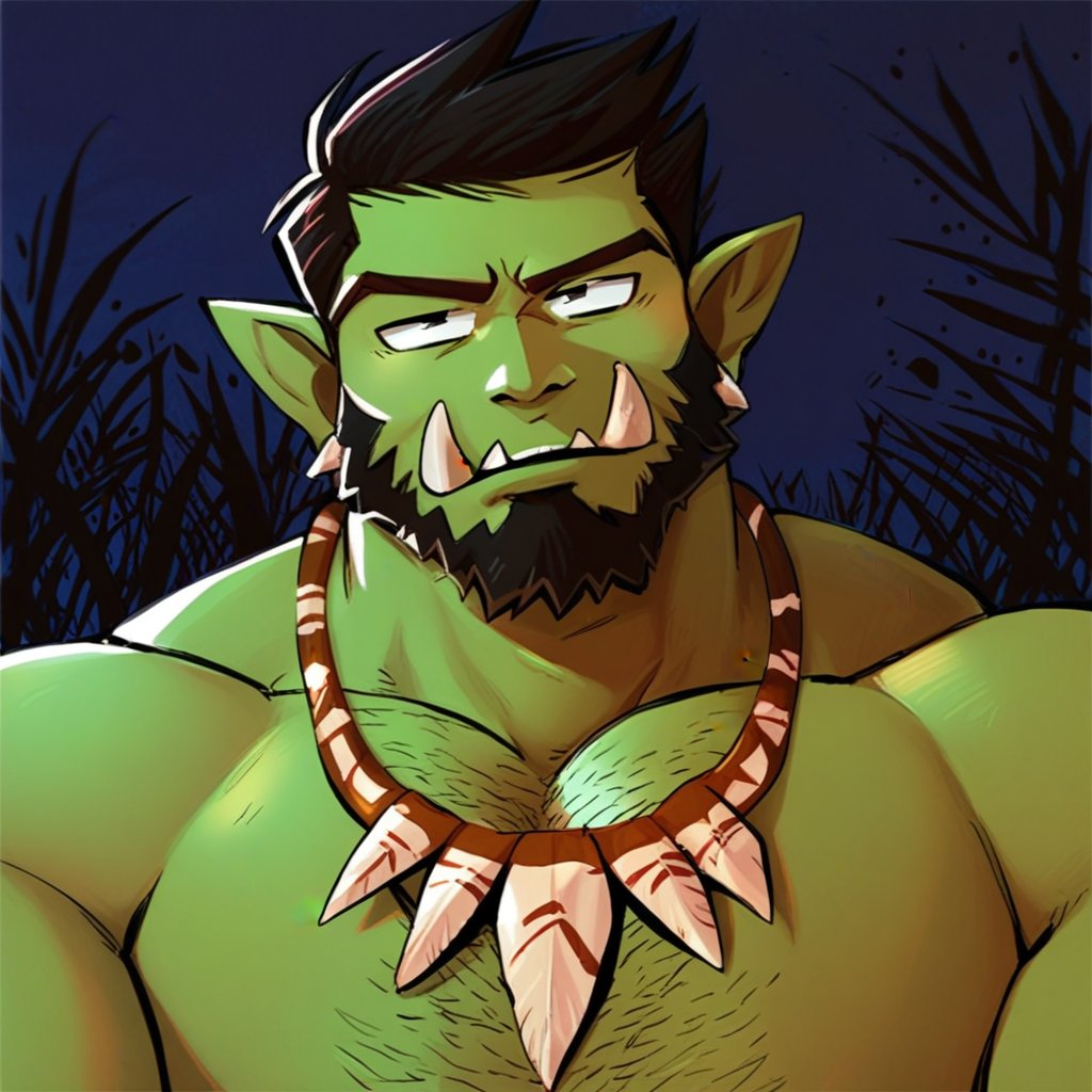 theatimos, 1boy, bara, beard, black hair, chest tuft, colored skin, earrings, extra tusks, facial hair, full beard, green skin, head tilt, jewelry, large pectorals, male focus, mature male, monster boy, muscular, muscular male, necklace, orc, outdoors, pectorals, pointy ears, short hair, solo, thick beard, thick chest hair, tooth necklace, tribal, tsurime, tusks, score_9, score_8_up, score_7_up, score_6_up, score_5_up, score_4_up