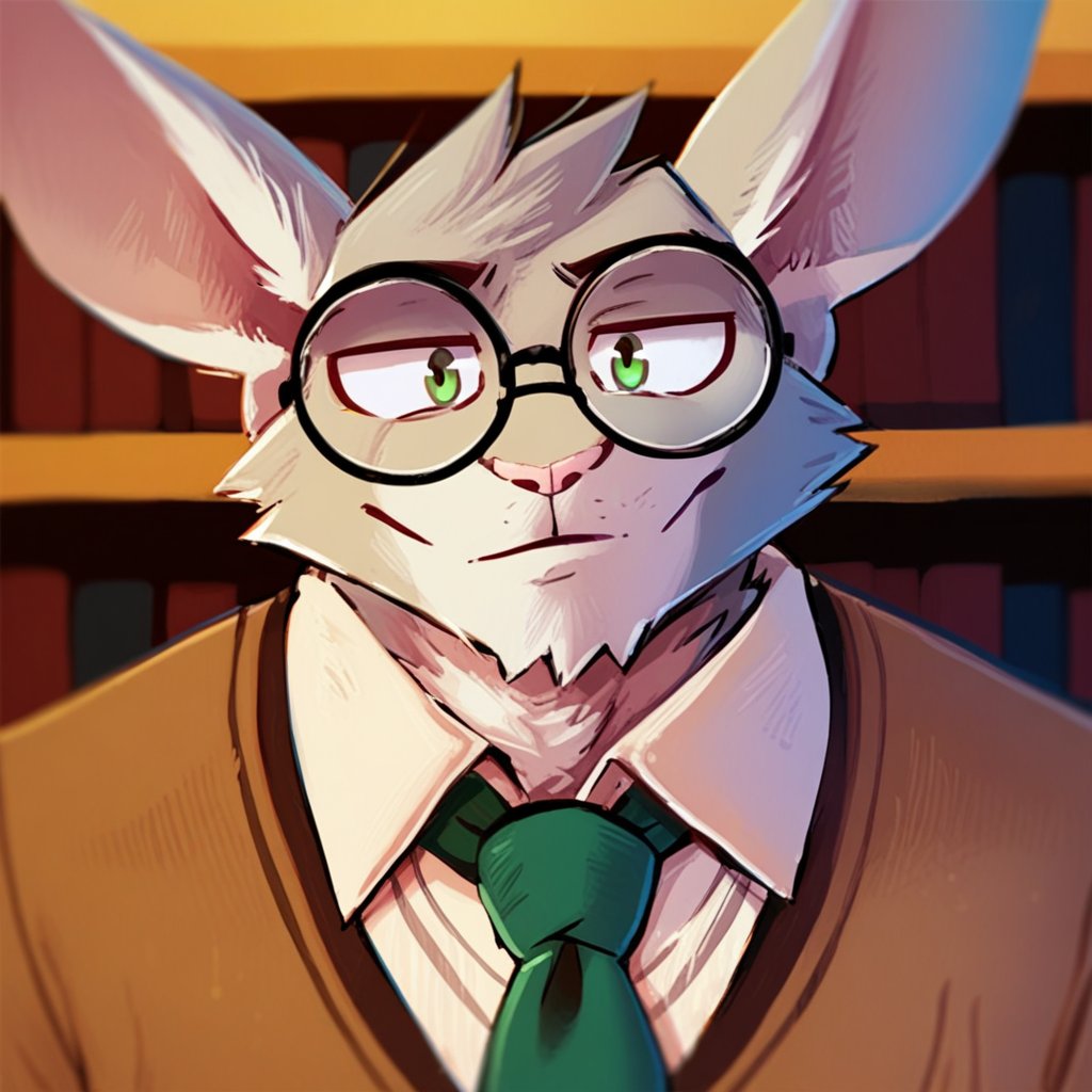 theatimos, lagomorph, leporid, mammal, rabbit, anthro, brown clothing, brown topwear, cheek tuft, clothed, clothing, detailed background, eyewear, facial tuft, front view, fur, glasses, glistening, glistening eyes, green eyes, green necktie, grey body, grey fur, head tuft, inside, library, looking at viewer, male, mouth closed, necktie, pink nose, round glasses, solo, topwear, tuft, white body, white clothing, white fur, white topwear, score_9, score_8_up, score_7_up, score_6_up, score_5_up, score_4_up