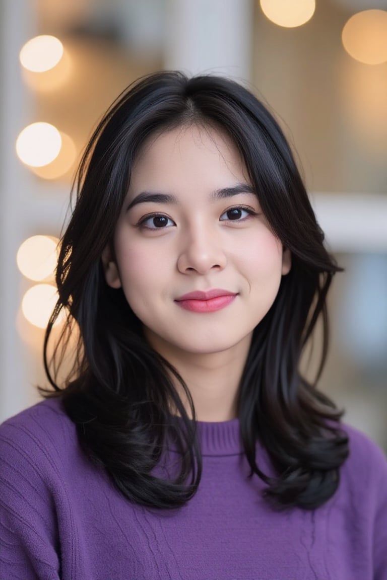 The medium shot photograph captures asian girl in with long, straight brown hair and a warm, friendly expression. They are wearing a cozy, purple sweater and have soft makeup, including pink lipstick and subtle blush, which enhances their natural beauty. Their eyebrows are well-defined, and their skin is fair with a smooth complexion. The background appears to be an outdoor scene with blurred elements, likely a window behind them, creating a soft and inviting atmosphere. The lighting is balanced, highlighting their facial features and the texture of the sweater.