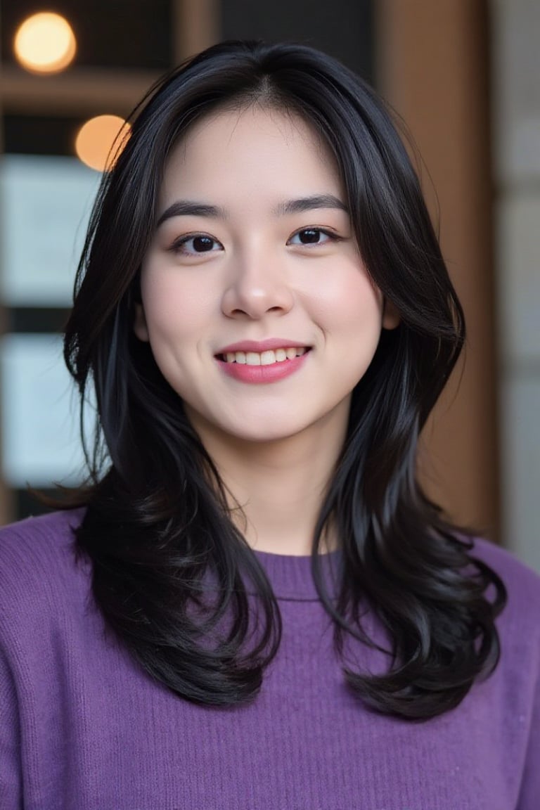 The medium shot photograph captures asian girl in with long, straight brown hair and a warm, friendly expression. They are wearing a cozy, purple sweater and have soft makeup, including pink lipstick and subtle blush, which enhances their natural beauty. Their eyebrows are well-defined, and their skin is fair with a smooth complexion. The background appears to be an outdoor scene with blurred elements, likely a window behind them, creating a soft and inviting atmosphere. The lighting is balanced, highlighting their facial features and the texture of the sweater.