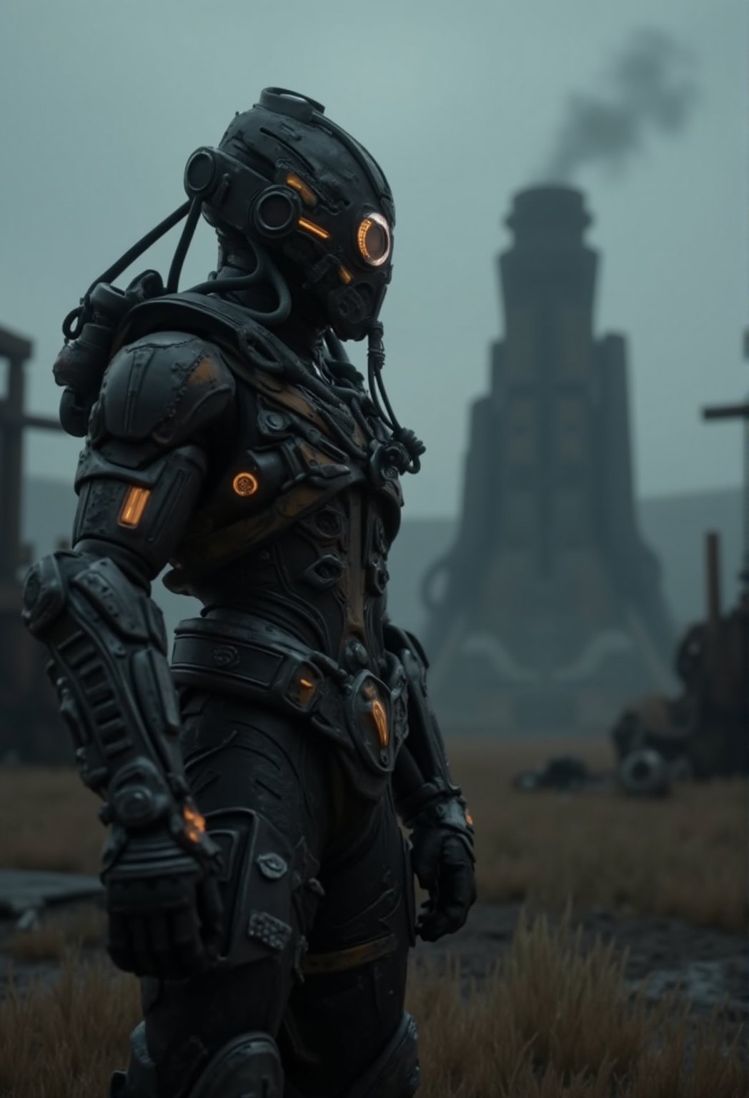 A hyperrealistic photography of a cinematic dark fantasy scene with a black and orange high-tech techware mecha, worn and rusty armor, (((cybernatic mask))), standing by a huge, strange, odd, rusty modern retro factory on oddly land . The background depicts an oddly, abandoned, overgrown dystopian farmer town with dim weather, a dark post-apocalyptic world setting. inspired by artists like Simon Stalenhag, Frank Frazetta, Beeple, Greg Rutkowski, Yoko Taro, Christian Macnevin, Wlop, and Krenz Cushart.  ,CGI 3D Animation