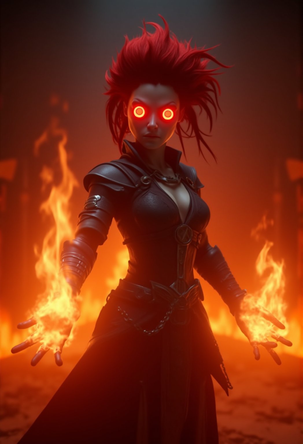 Elemental mage with bright red eyes, red hair and hands engulfed in flames, casting a powerful fire spell in the middle of a collapsing volcanic chamber, extreme close-up, intense lighting. character art creation, ,CGI 3D Animation