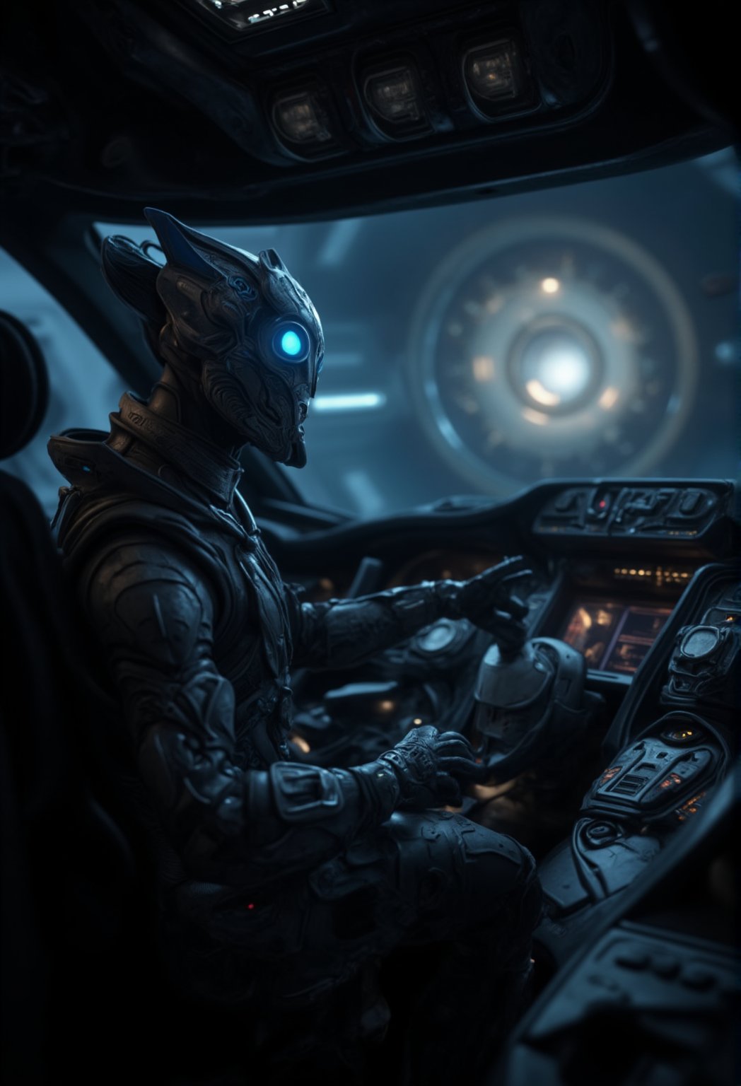 A heroic alien pilot in a sleek, high-tech cockpit of a spaceship, with every control panel and interface in sharp focus, glowing space station visible outside the window.,CGI 3D Animation