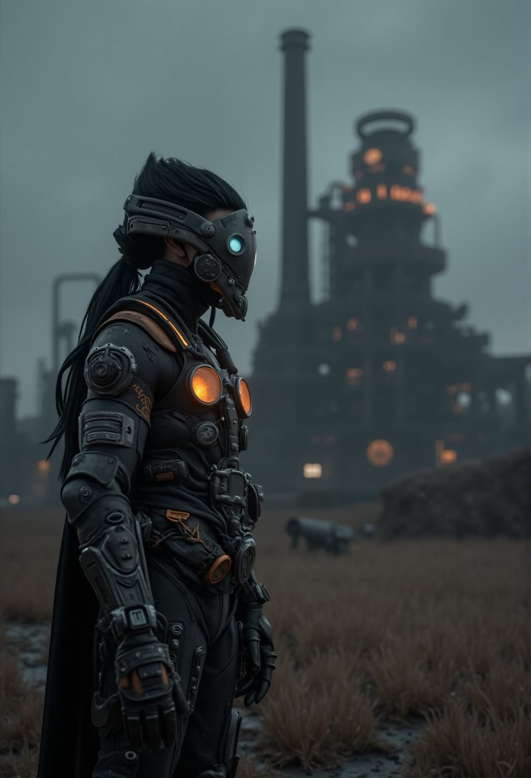 A hyperrealistic photography of a cinematic dark fantasy scene with a black and orange high-tech techware mecha, worn and rusty armor, (((cybernatic mask))), standing by a huge, strange, odd, rusty modern retro factory on oddly land . The background depicts an oddly, abandoned, overgrown dystopian farmer town with dim weather, a dark post-apocalyptic world setting. inspired by artists like Simon Stalenhag, Frank Frazetta, Beeple, Greg Rutkowski, Yoko Taro, Christian Macnevin, Wlop, and Krenz Cushart. The scene includes epic fantasy character art, volumetric outdoor lighting, high fantasy elements, captured with a wide dynamic view, dynamic-angle shot, hyperrealistic, midjourney realistic, photography, hyperdetailed, clear hyperdetailed background, 8k, ultra clear resolution, perfect composition, perfect lighting & shadows, hyperrealistic texture, ,CGI 3D Animation