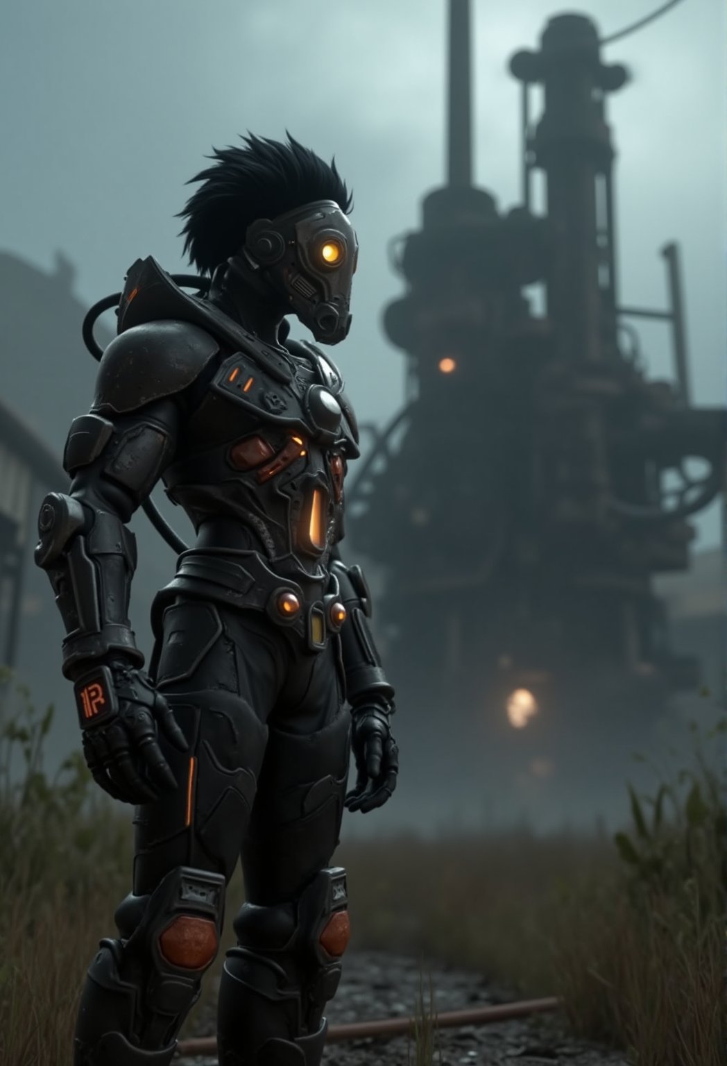 a cinematic dark fantasy CGI 3D animation scene with a glossy black and orange high-tech techware mecha, worn and rusty armor, (((cybernatic mask))), black hair, standing by a huge, strange, odd, rusty modern retro factory on oddly land . The background depicts an oddly, abandoned, overgrown dystopian farmer town with dim weather, a dark post-apocalyptic world setting. inspired by artists like Simon Stalenhag, Frank Frazetta, Beeple, Greg Rutkowski, Yoko Taro, Christian Macnevin, Wlop, and Krenz Cushart.  ,CGI 3D Animation