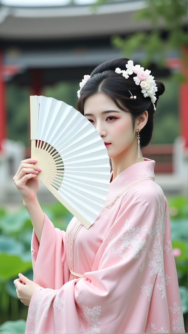 Raw photo, (full body portrait:1.3) of a Asian woman in a light pink silk dress, intricate pattern dress.She is holding a white fan, fan cover her face, artistic pose, mouth covered. The woman's hair is adorned with white flowers adding a touch of beauty to the scene. The background is natural with chinese temple and lotus lake,PTAIHanfu