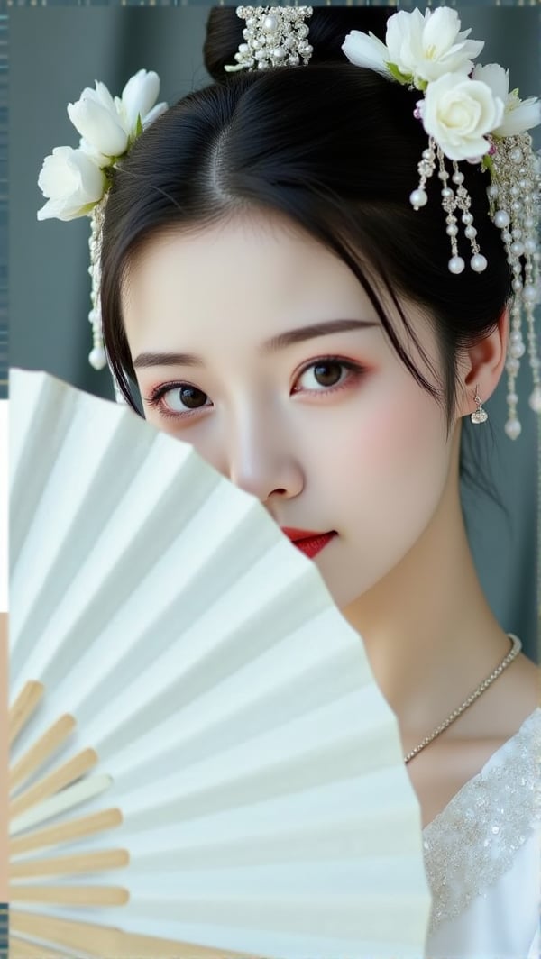 Raw photo, upper body portrait of a Asian woman in a white chinese clothes with a silver necklace and earrings.She is holding a white fan, fan cover her mouth, mouth covered. The woman's hair is adorned with white flowers adding a touch of beauty to the scene. The background is blurred creating a soft focus on the woman's face.neon lighting,PTAIHanfu